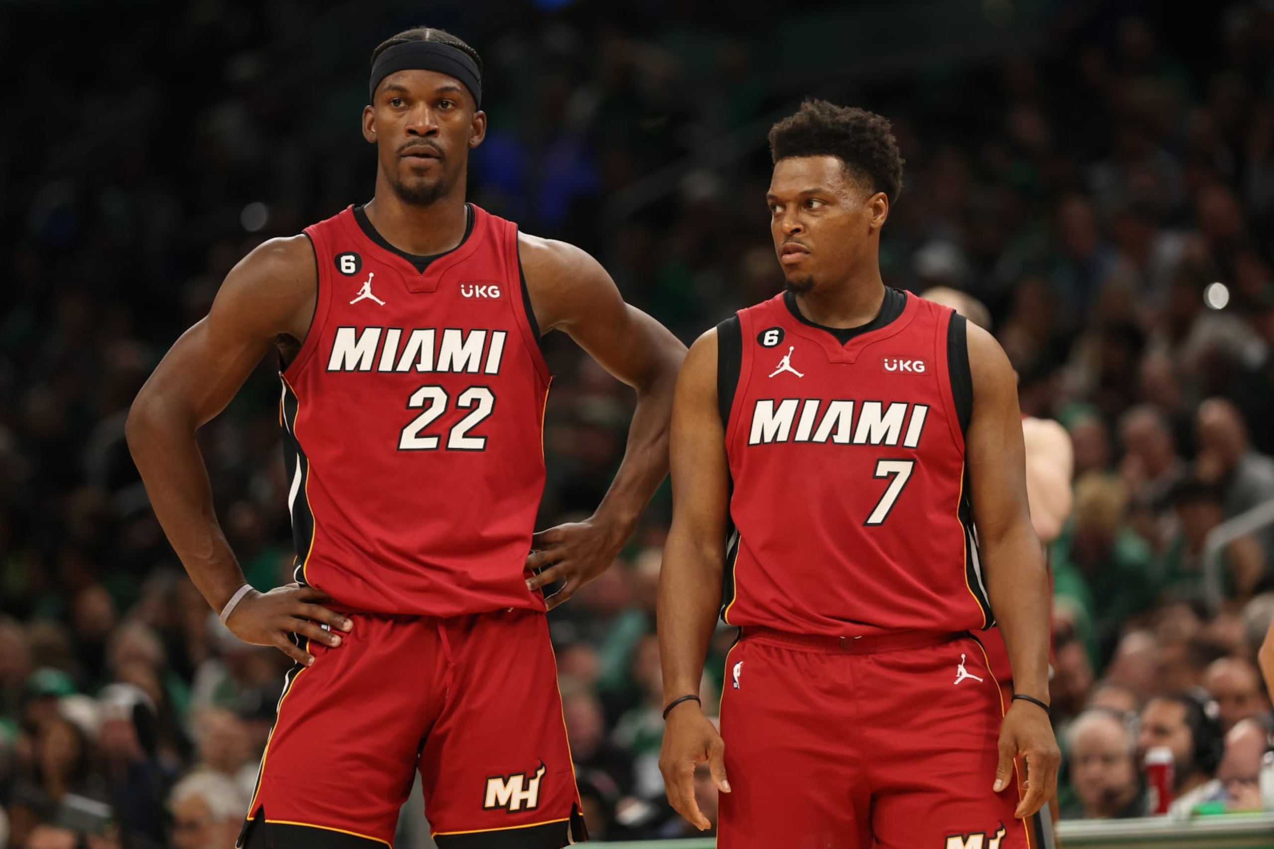 BOSTON, MASSACHUSETTS - MAY 19: Jimmy Butler #22 of the Miami Heat stands alongside Kyle Lowry #7 of the Miami Heat against the Boston Celtics during the third quarter in game two of the Eastern Conference Finals at TD Garden on May 19, 2023 in Boston, Massachusetts. NOTE TO USER: User expressly acknowledges and agrees that, by downloading and or using this photograph, User is consenting to the terms and conditions of the Getty Images License Agreement. (Photo by Adam Glanzman/Getty Images) BOSTON, MASSACHUSETTS - MAY 19: Jimmy Butler #22 of the Miami Heat stands alongside Kyle Lowry #7 of the Miami Heat against the Boston Celtics during the third quarter in game two of the Eastern Conference Finals at TD Garden on May 19, 2023 in Boston, Massachusetts. NOTE TO USER: User expressly acknowledges and agrees that, by downloading and or using this photograph, User is consenting to the terms and conditions of the Getty Images License Agreement. (Photo by Adam Glanzman/Getty Images)