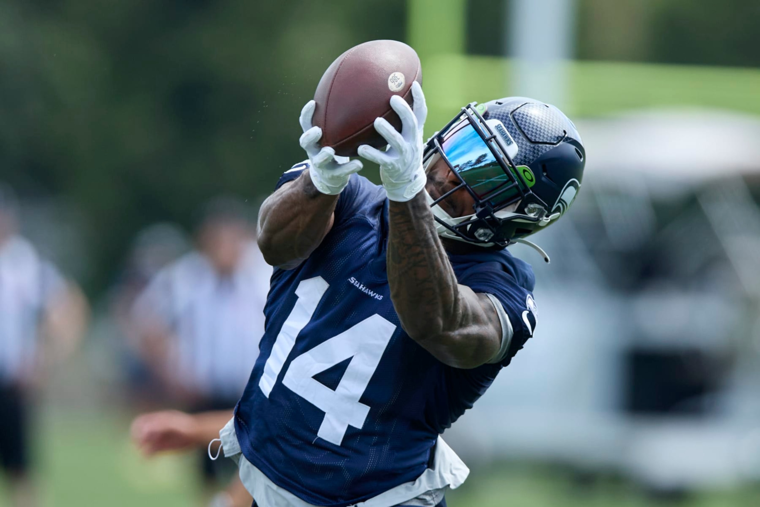 Seattle Seahawks wide receiver DK Metcalf catches a pass during NFL football practice, Wednesday, June 7, 2023, at the team's facilities in Renton, Wash.. (AP Photo/ John Froschauer) Seattle Seahawks wide receiver DK Metcalf catches a pass during NFL football practice, Wednesday, June 7, 2023, at the team's facilities in Renton, Wash.. (AP Photo/ John Froschauer)