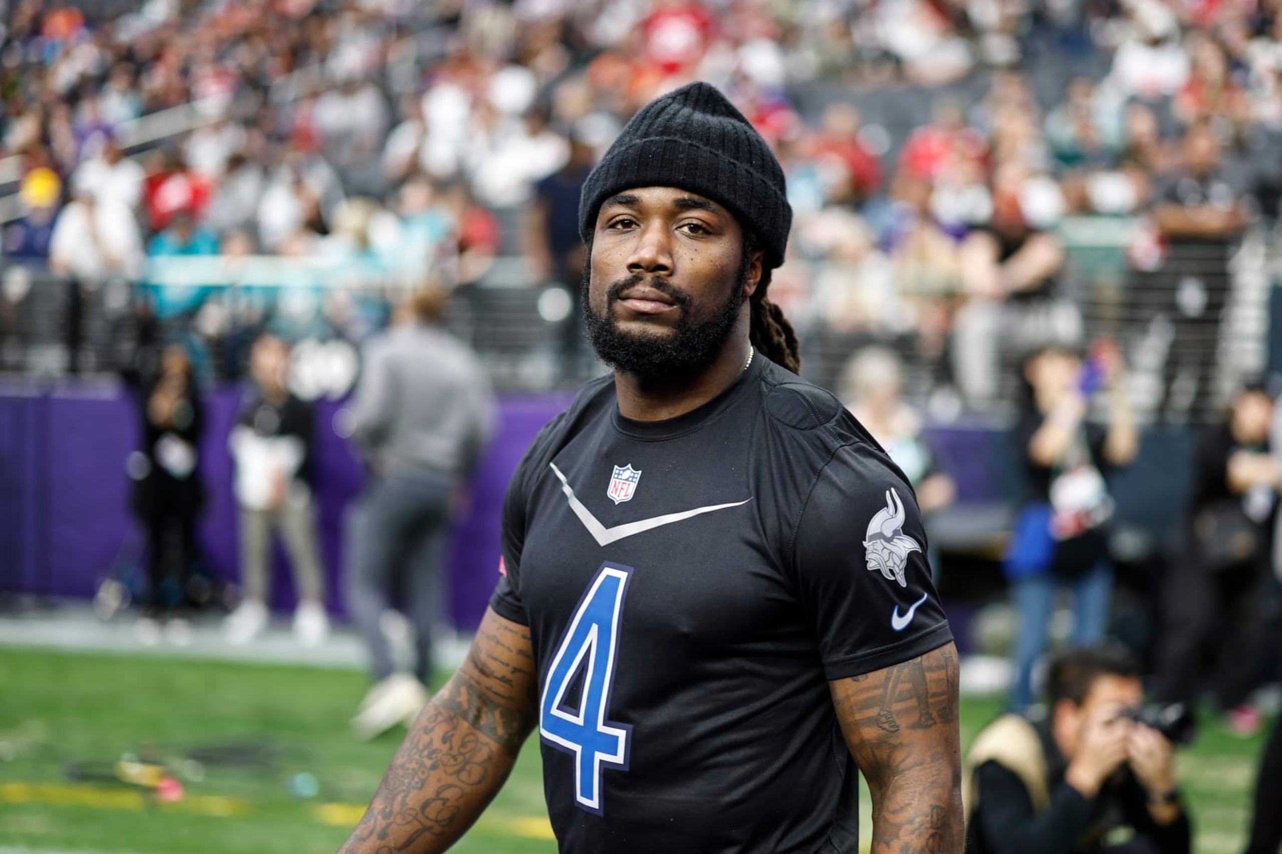 LAS VEGAS, NEVADA - FEBRUARY 05: LAS VEGAS, NEVADA - FEBRUARY 05: NFC running back Dalvin Cook #4 of the Minnesota Vikings looks on during an NFL Pro Bowl football game at Allegiant Stadium on February 05, 2023 in Las Vegas, Nevada. (Photo by Michael Owens/Getty Images)