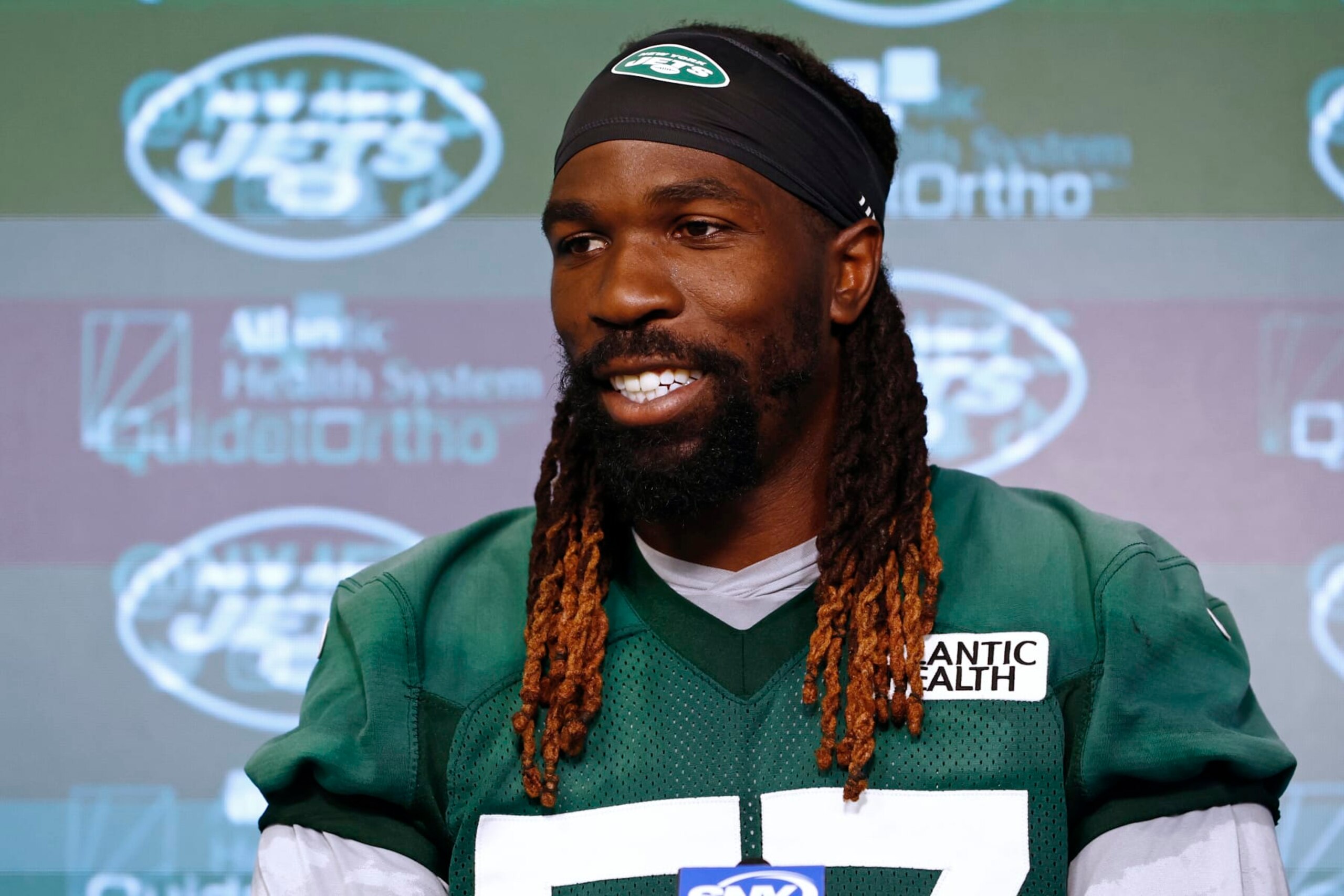 FLORHAM PARK, NEW JERSEY - JUNE 6: C.J. Mosley #57 of the New York Jets talks to reporters after the team's OTAs at Atlantic Health Jets Training Center on June 6, 2023 in Florham Park, New Jersey. (Photo by Rich Schultz/Getty Images)