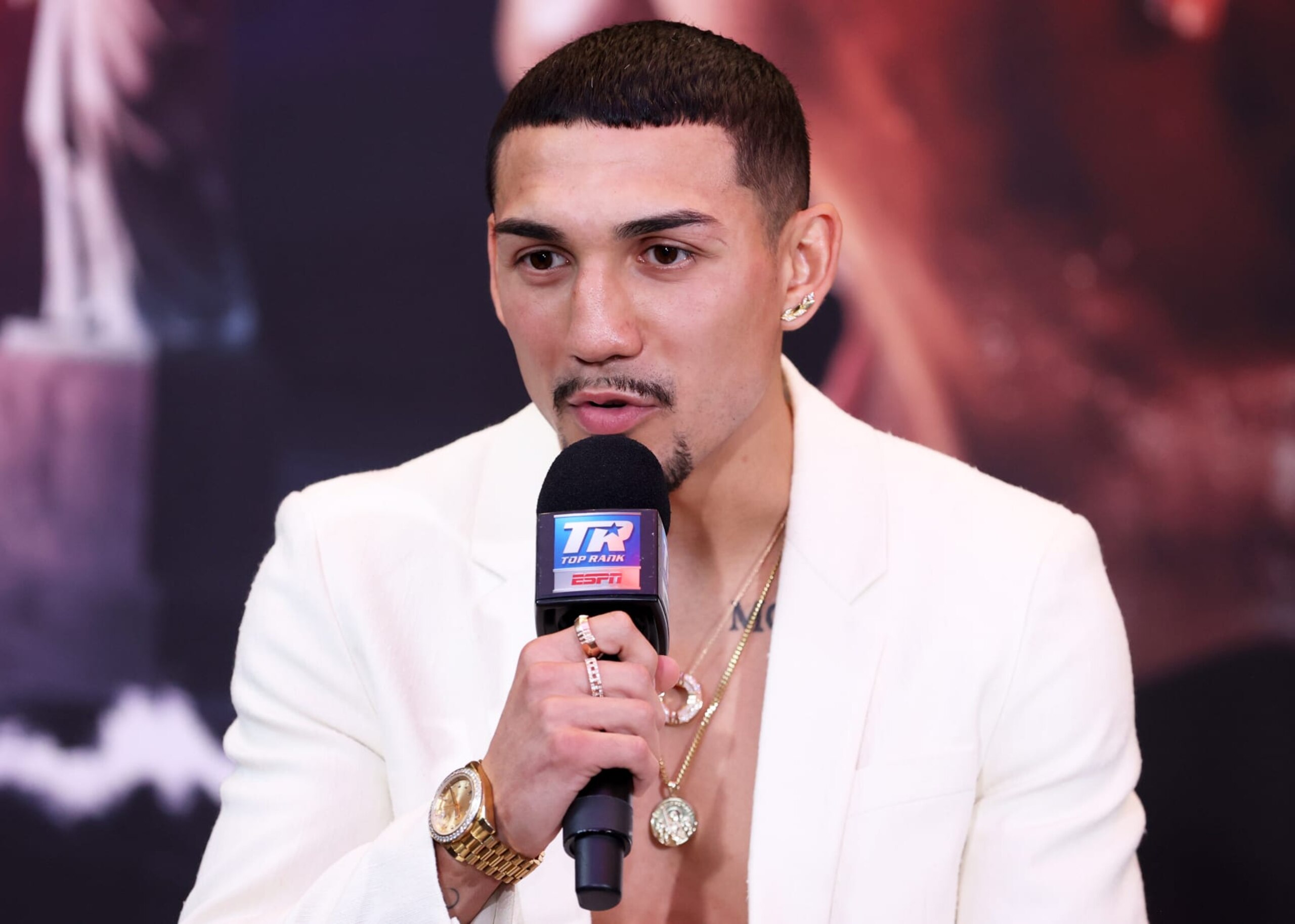 NEW YORK, NEW YORK - JUNE 08: Teofimo Lopez speaks during the press conference ahead of his June 10 WBO junior welterweight championship fight against Josh Taylor, at Chase Square at Madison Square Garden on June 08, 2023 in New York City. (Photo by Mikey Williams/Top Rank Inc via Getty Images)