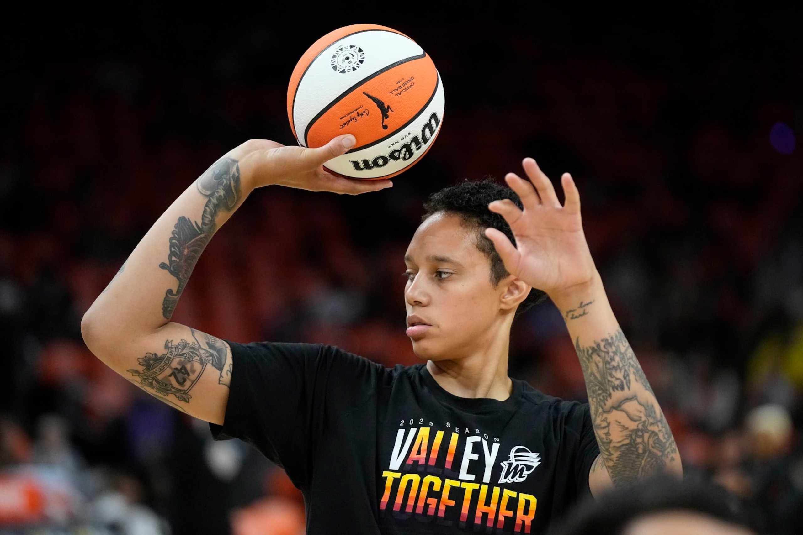 Phoenix Mercury center Brittney Griner warms up prior to a WNBA basketball game against the Chicago Sky Sunday, May 21, 2023, in Phoenix. (AP Photo/Ross D. Franklin)