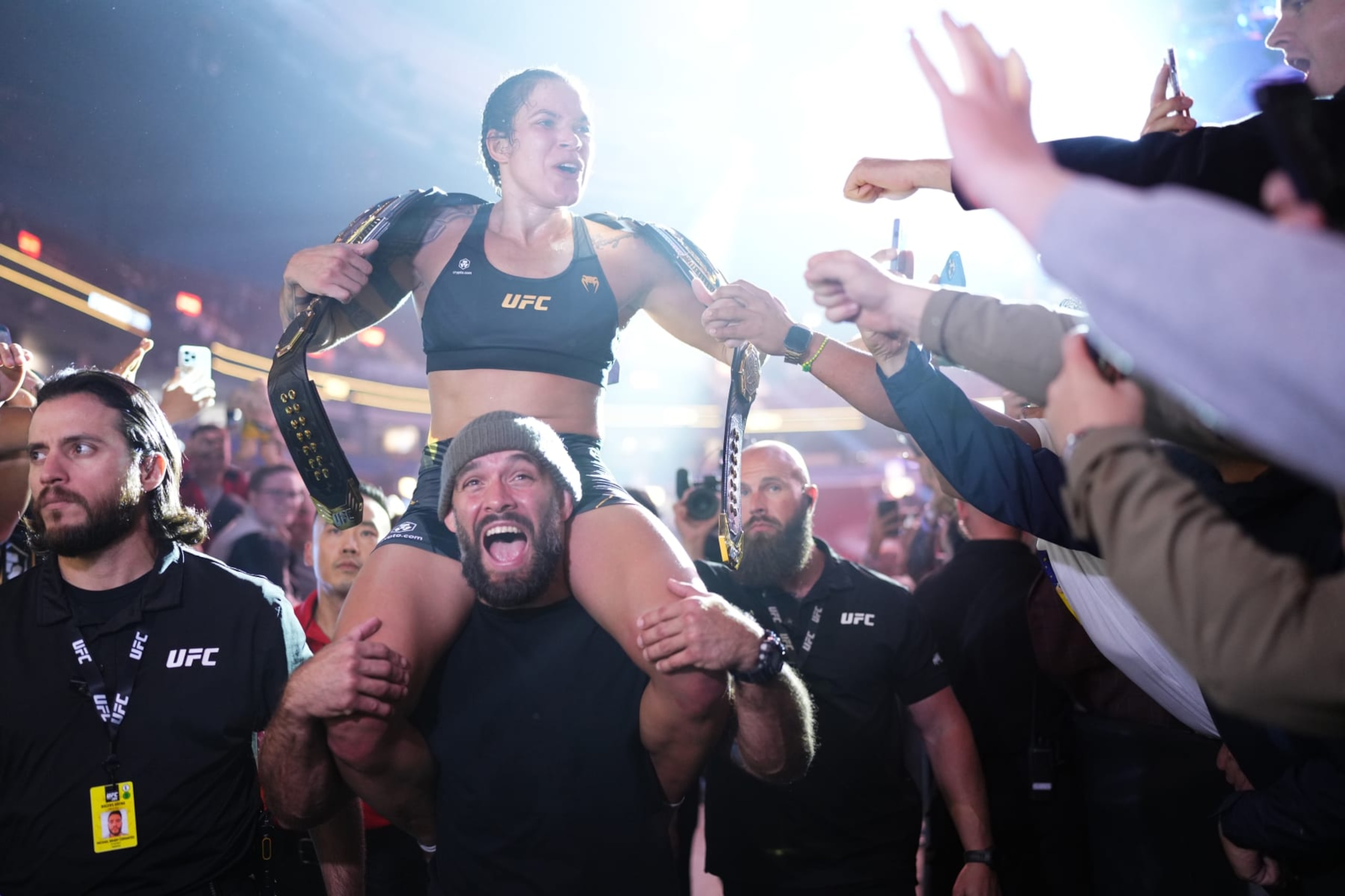 VANCOUVER, BRITISH COLUMBIA - JUNE 10:  Amanda Nunes of Brazil celebrates her victory over Irene Aldana of Mexico in their women's bantamweight title fight during the UFC 289 event at Rogers Arena on June 10, 2023 in Vancouver, Canada. (Photo by Cooper Neill /Zuffa LLC)