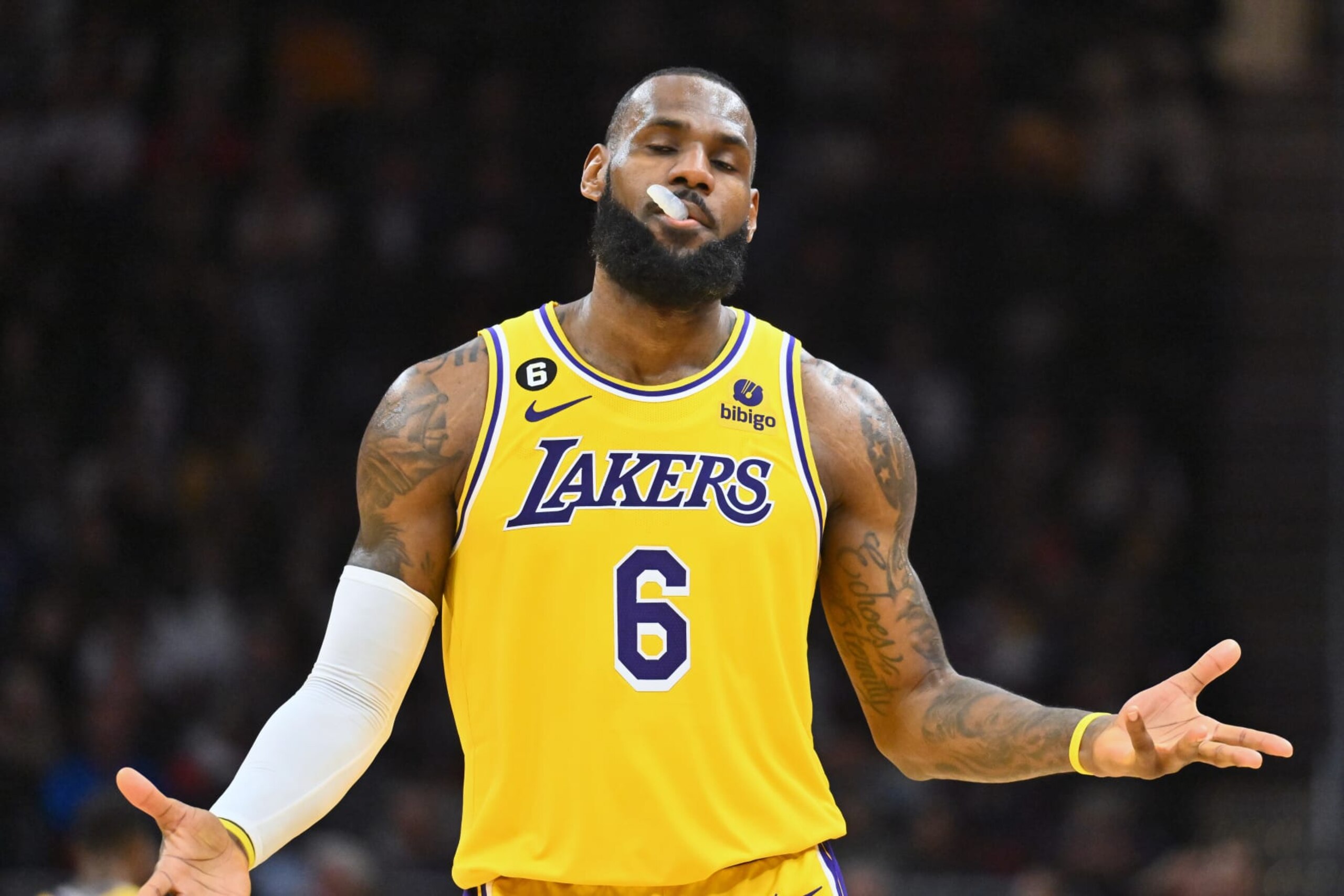 CLEVELAND, OHIO - DECEMBER 06: LeBron James #6 of the Los Angeles Lakers shrugs in reaction during the third quarter against the Cleveland Cavaliers at Rocket Mortgage Fieldhouse on December 06, 2022 in Cleveland, Ohio. The Cavaliers defeated the Lakers 115-100. NOTE TO USER: User expressly acknowledges and agrees that, by downloading and or using this photograph, User is consenting to the terms and conditions of the Getty Images License Agreement. (Photo by Jason Miller/Getty Images)