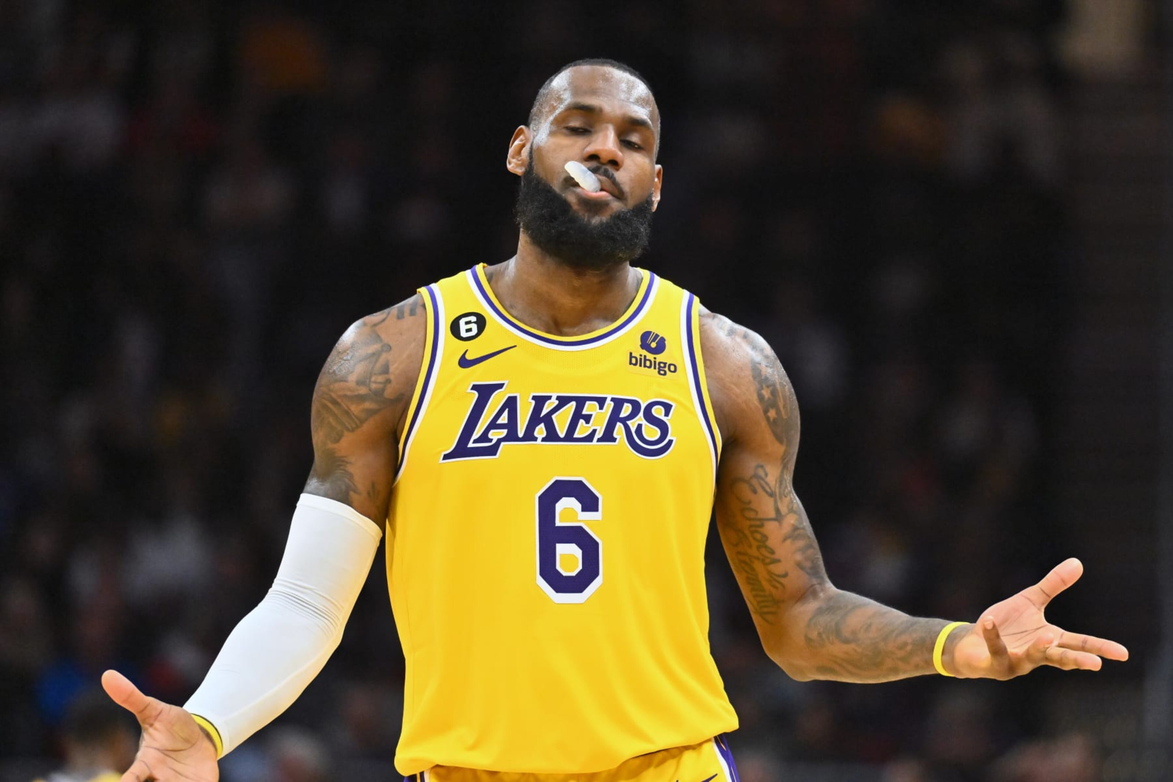 CLEVELAND, OHIO - DECEMBER 06: LeBron James #6 of the Los Angeles Lakers shrugs in reaction during the third quarter against the Cleveland Cavaliers at Rocket Mortgage Fieldhouse on December 06, 2022 in Cleveland, Ohio. The Cavaliers defeated the Lakers 115-100. NOTE TO USER: User expressly acknowledges and agrees that, by downloading and or using this photograph, User is consenting to the terms and conditions of the Getty Images License Agreement. (Photo by Jason Miller/Getty Images) CLEVELAND, OHIO - DECEMBER 06: LeBron James #6 of the Los Angeles Lakers shrugs in reaction during the third quarter against the Cleveland Cavaliers at Rocket Mortgage Fieldhouse on December 06, 2022 in Cleveland, Ohio. The Cavaliers defeated the Lakers 115-100. NOTE TO USER: User expressly acknowledges and agrees that, by downloading and or using this photograph, User is consenting to the terms and conditions of the Getty Images License Agreement. (Photo by Jason Miller/Getty Images)