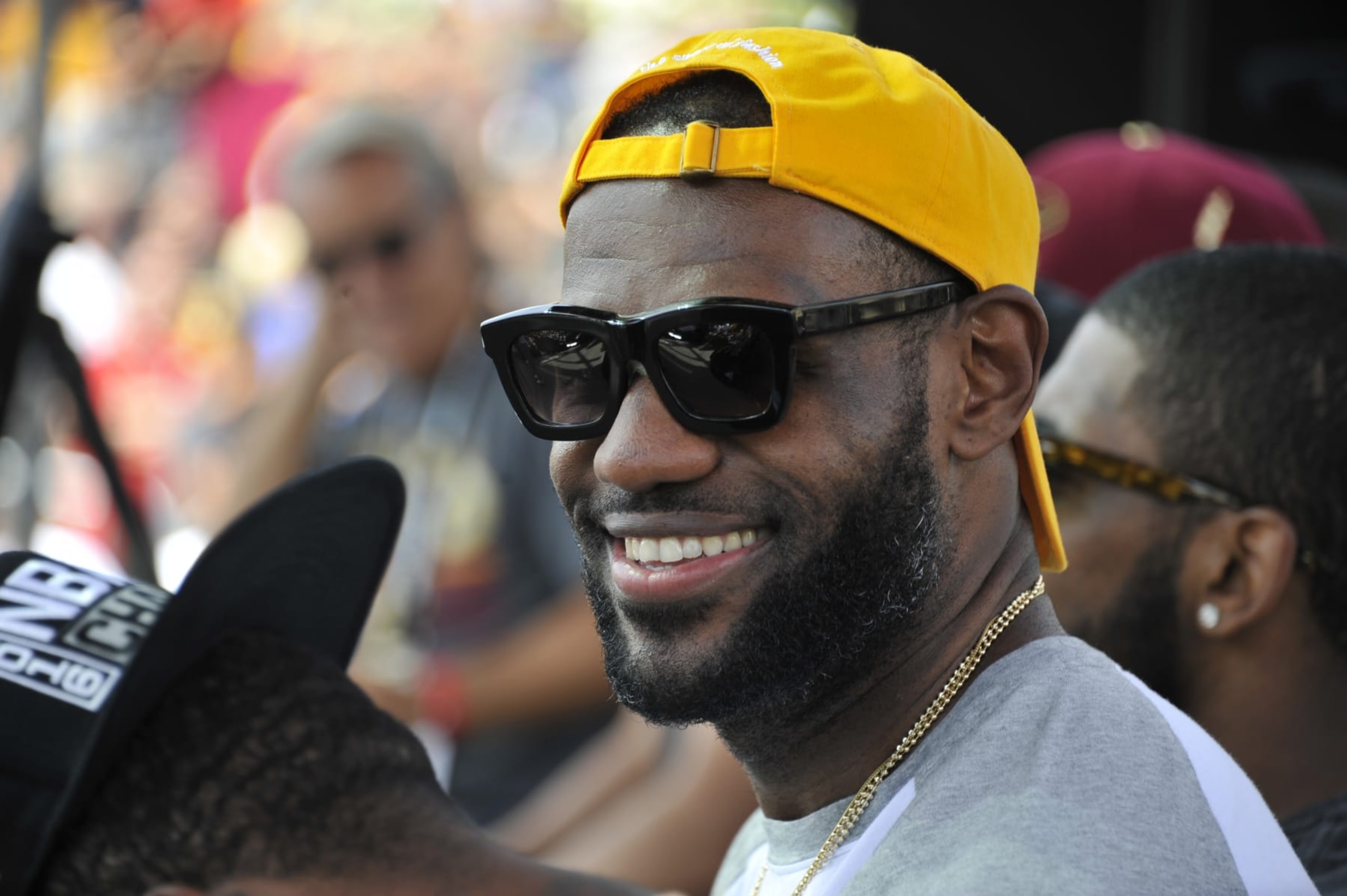 CLEVELAND, OH - JUNE 22:  LeBron James #23 of the Cleveland Cavaliers smiles during the Cleveland Cavaliers Victory Parade And Rally on June 22, 2016 in downtown Cleveland, Ohio.  NOTE TO USER: User expressly acknowledges and agrees that, by downloading and/or using this Photograph, user is consenting to the terms and conditions of the Getty Images License Agreement. Mandatory Copyright Notice: Copyright 2016 NBAE  (Photo by David Liam Kyle/NBAE via Getty Images)