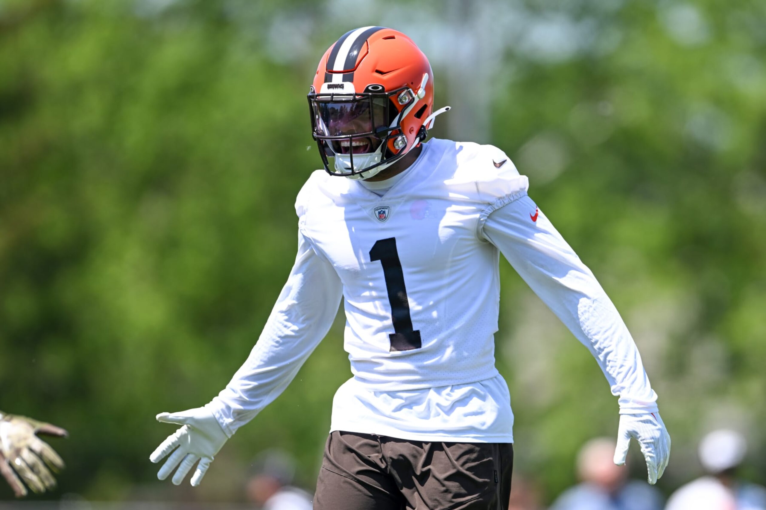 BEREA, OHIO - MAY 31: Juan Thornhill #1 of the Cleveland Browns celebrates a play during the Cleveland Browns OTAs at CrossCountry Mortgage Campus on May 31, 2023 in Berea, Ohio. (Photo by Nick Cammett/Diamond Images via Getty Images)