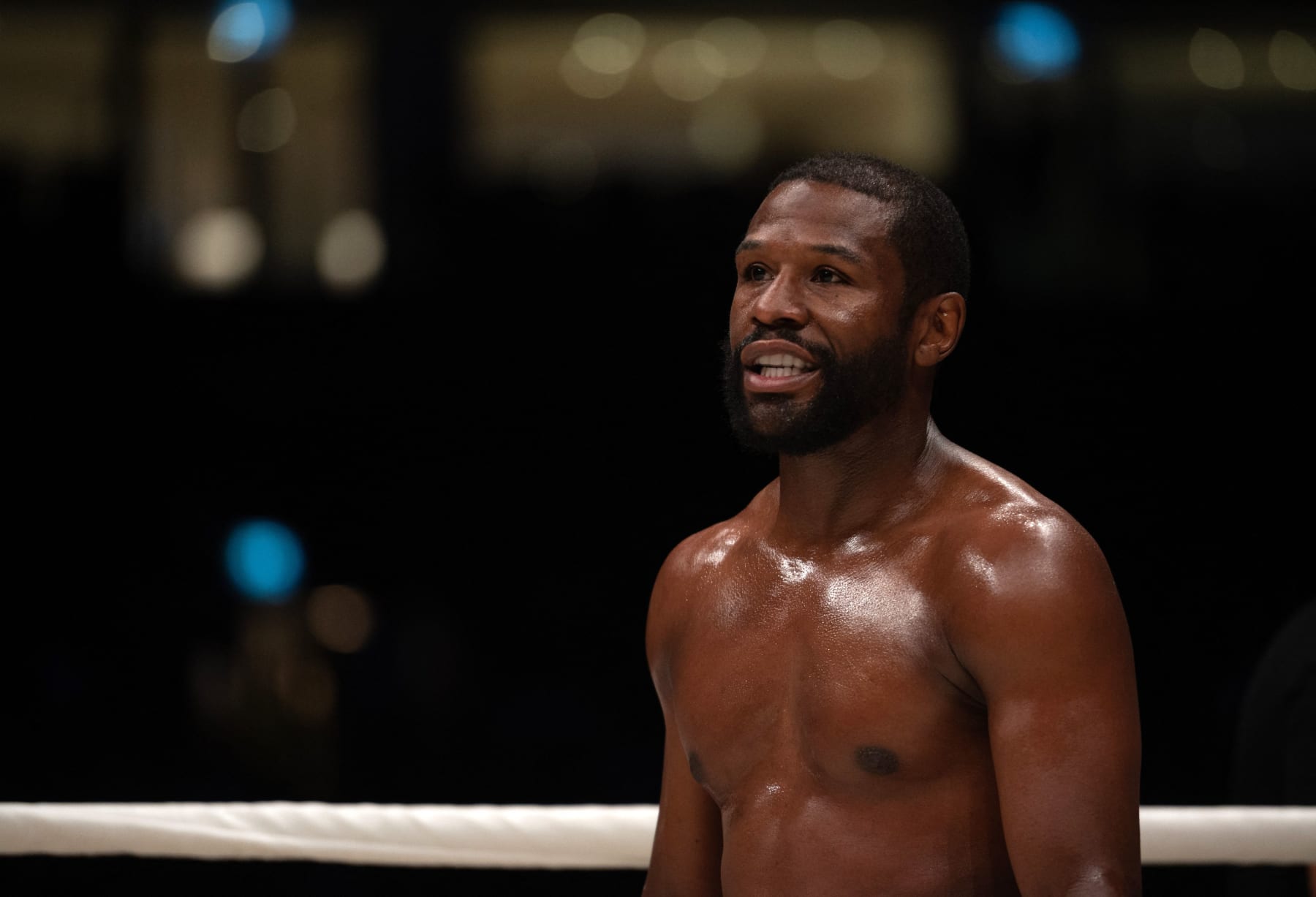 Floyd Mayweather arrives for his match with Don Moore during the Abu Dhabi Unity Boxing event at the Etihad Arena in Abu Dhabi on May 21, 2022. (Photo by Ryan LIM / AFP) (Photo by RYAN LIM/AFP via Getty Images)