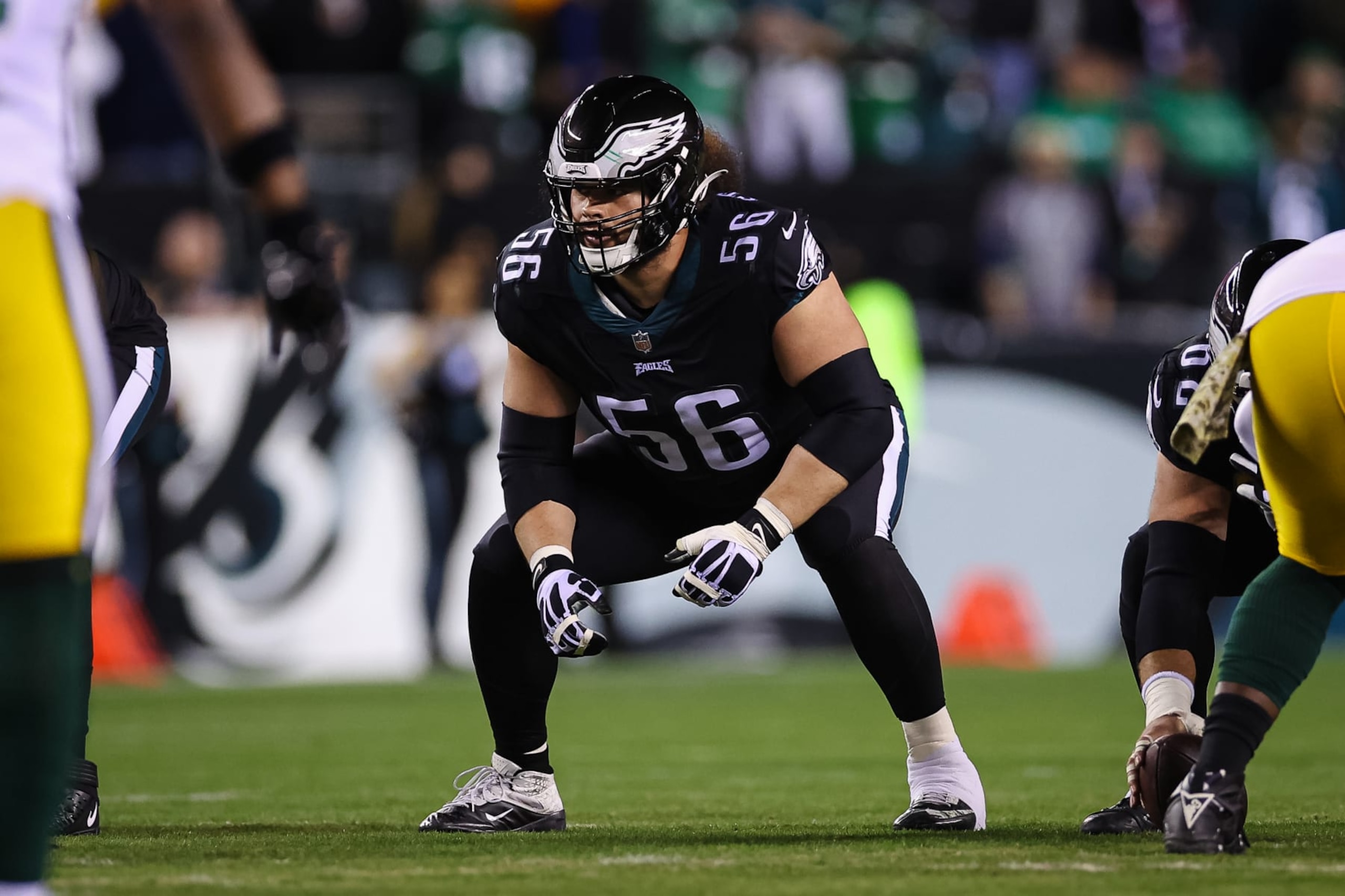 PHILADELPHIA, PA - NOVEMBER 27: Isaac Seumalo #56 of the Philadelphia Eagles lines up against the Green Bay Packers during the first half at Lincoln Financial Field on November 27, 2022 in Philadelphia, Pennsylvania. (Photo by Scott Taetsch/Getty Images)