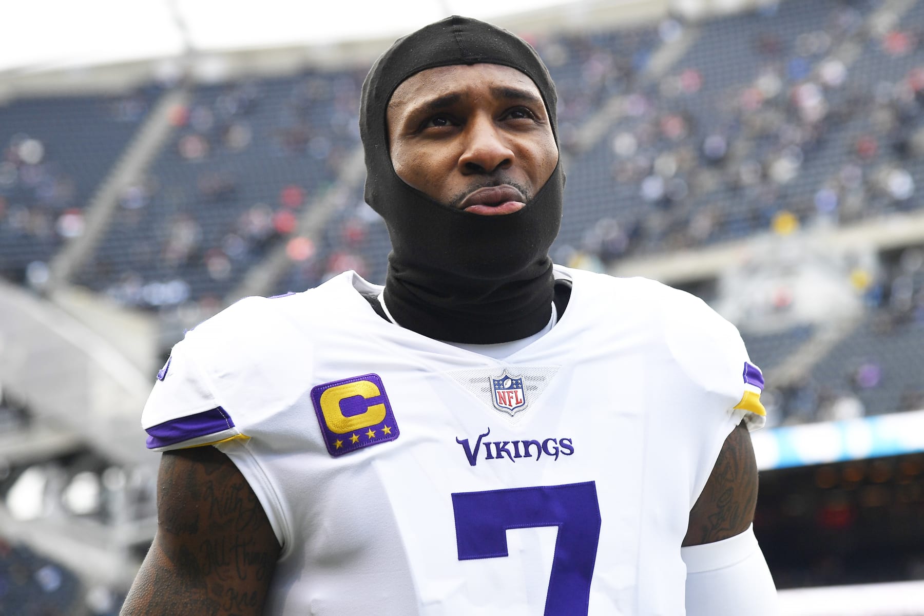 CHICAGO, ILLINOIS - JANUARY 08:  Cornerback Patrick Peterson #7 of the Minnesota Vikings warms up prior to the game against the Chicago Bears at Soldier Field on January 08, 2023 in Chicago, Illinois. (Photo by Quinn Harris/Getty Images)