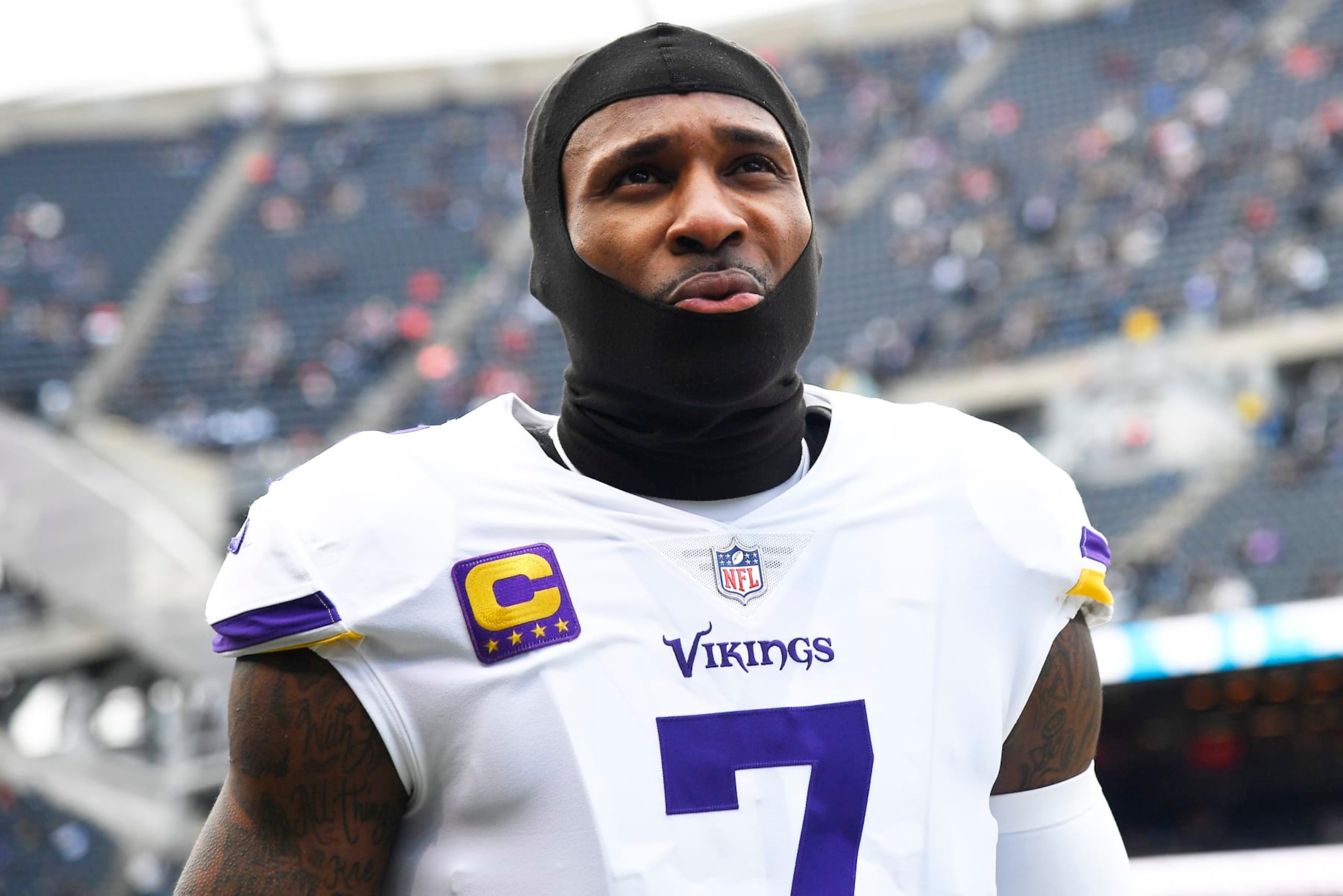 CHICAGO, ILLINOIS - JANUARY 08:  Cornerback Patrick Peterson #7 of the Minnesota Vikings warms up prior to the game against the Chicago Bears at Soldier Field on January 08, 2023 in Chicago, Illinois. (Photo by Quinn Harris/Getty Images)