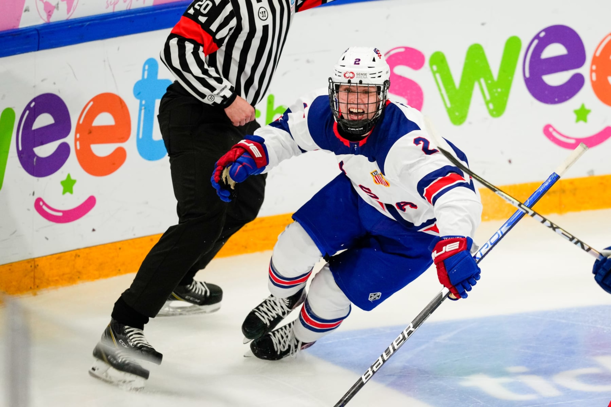 BASEL, SWITZERLAND - APRIL 29: Will Smith of United States celebrates his 1-0 during the semi final of U18 Ice Hockey World Championship match between United States and Slovakia at St. Jakob-Park on April 29, 2023 in Basel, Switzerland. (Photo by Jari Pestelacci/Eurasia Sport Images/Getty Images)