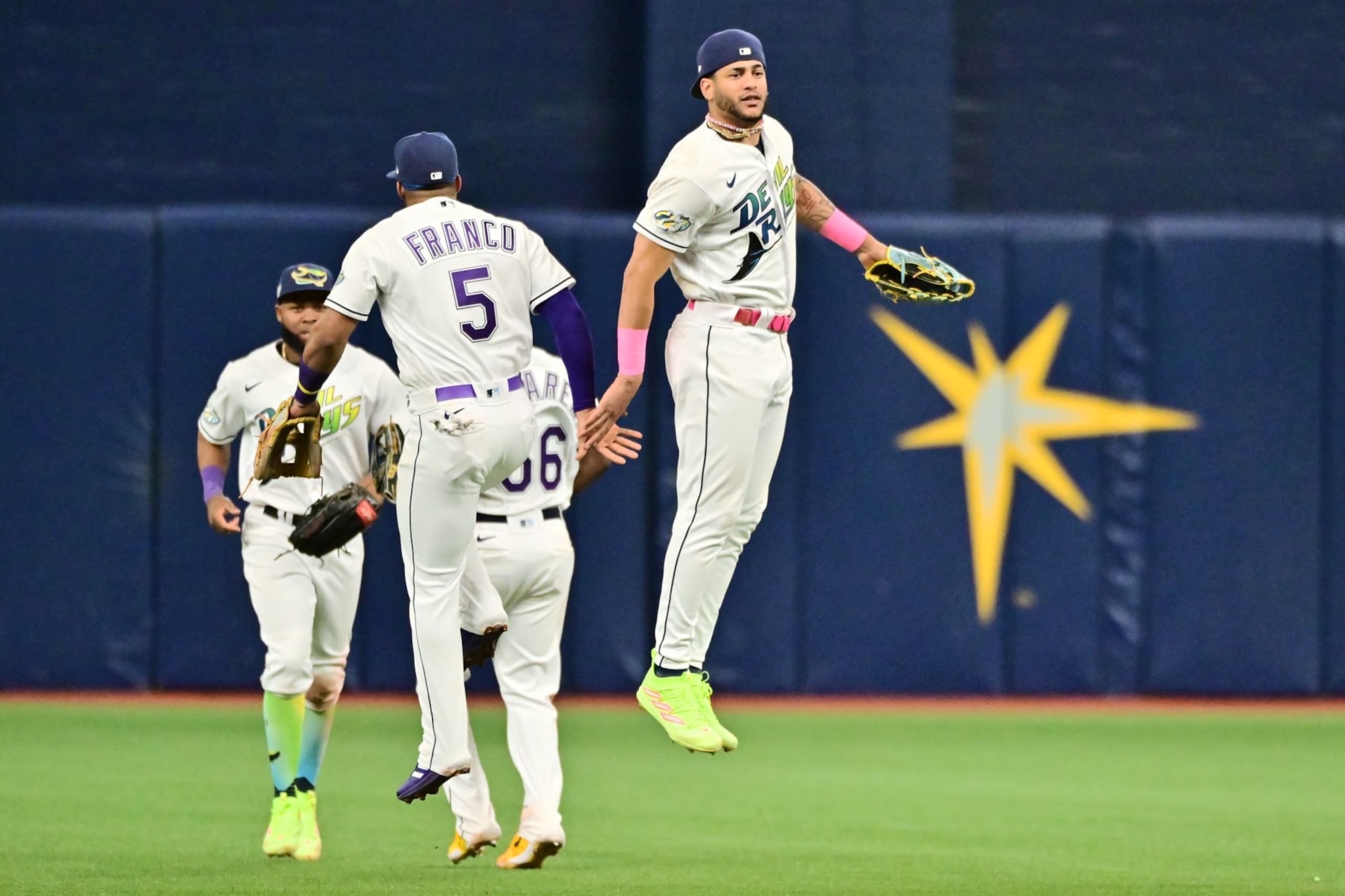 ST PETERSBURG, FLORIDA - JUNE 09: Wander Franco #5 celebrates with Jose Siri #22 of the Tampa Bay Rays after defeating the Texas Rangers 8-3 at Tropicana Field on June 09, 2023 in St Petersburg, Florida. (Photo by Julio Aguilar/Getty Images)