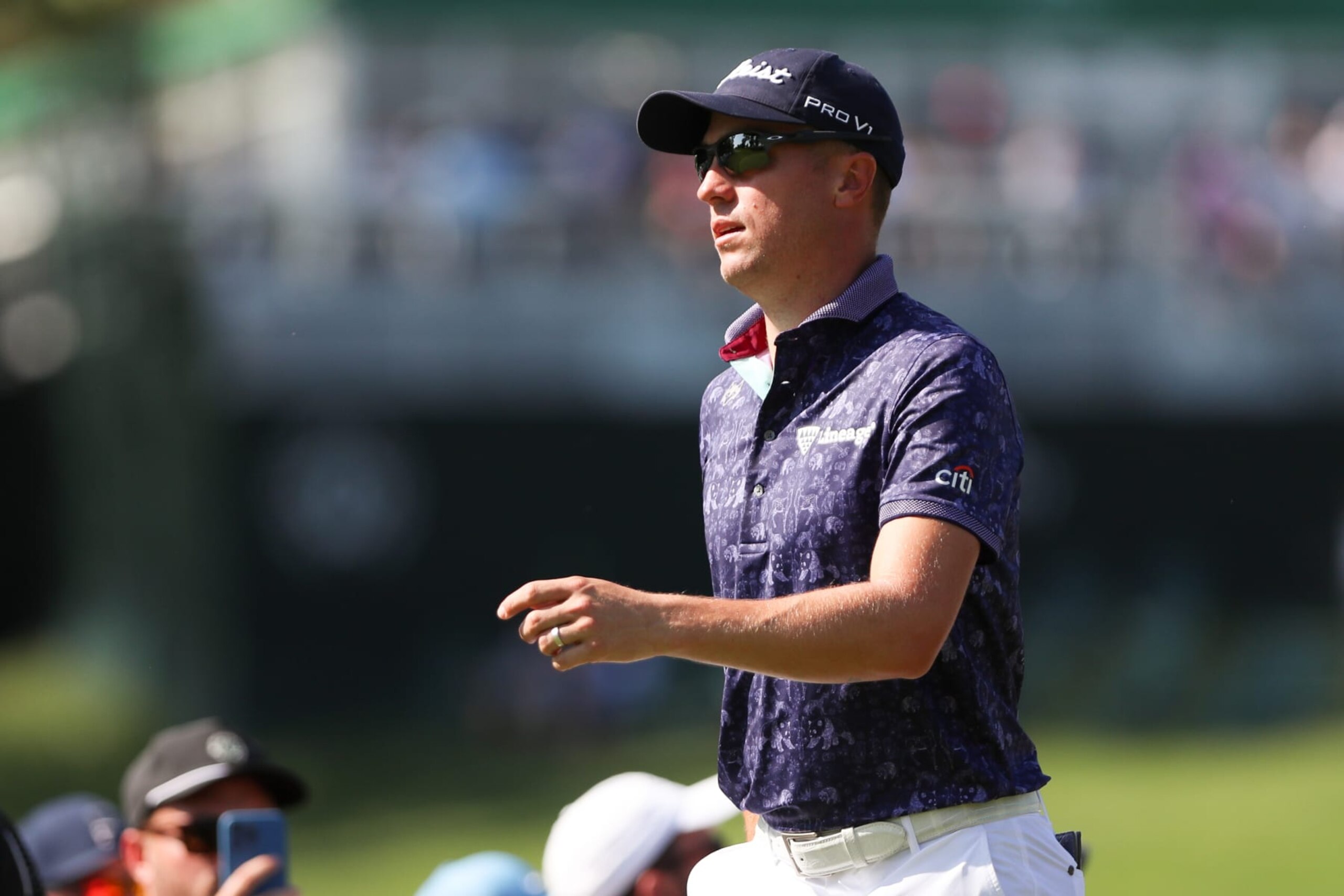 DUBLIN, OH - JUNE 01: Justin Thomas walks off of the 15th tee during Thursday's round at The Memorial Tournament at Muirfield Village Country Club on June 1, 2023 in Dublin, OH. (Photo by Ian Johnson/Icon Sportswire via Getty Images)