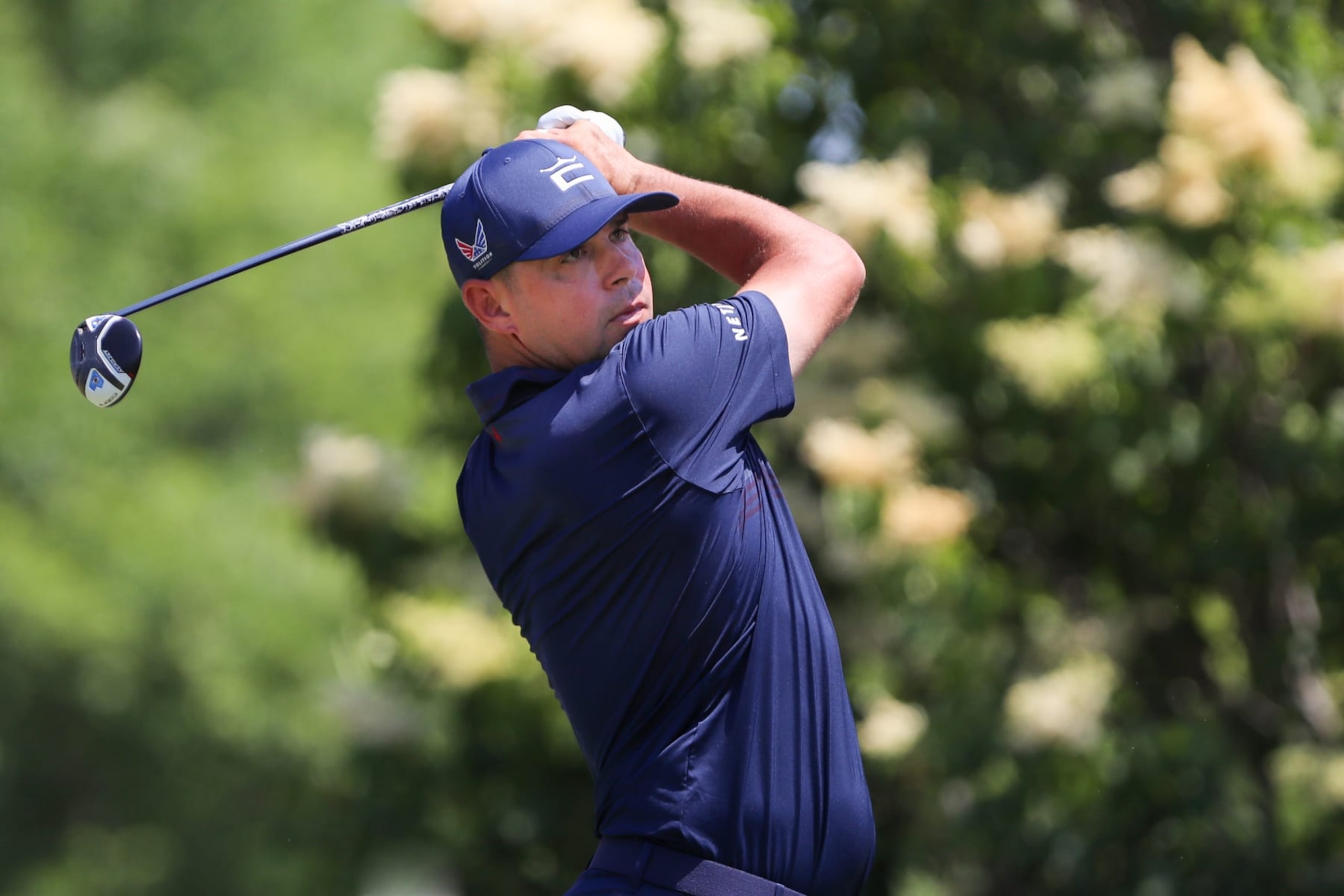 DUBLIN, OH - JUNE 04: Gary Woodland watches his tee shot on the 15th hole during the final round of The Memorial Tournament presented by Workday at Muirfield Village Country Club on June 4, 2023 in Dublin, OH. (Photo by Ian Johnson/Icon Sportswire via Getty Images)
