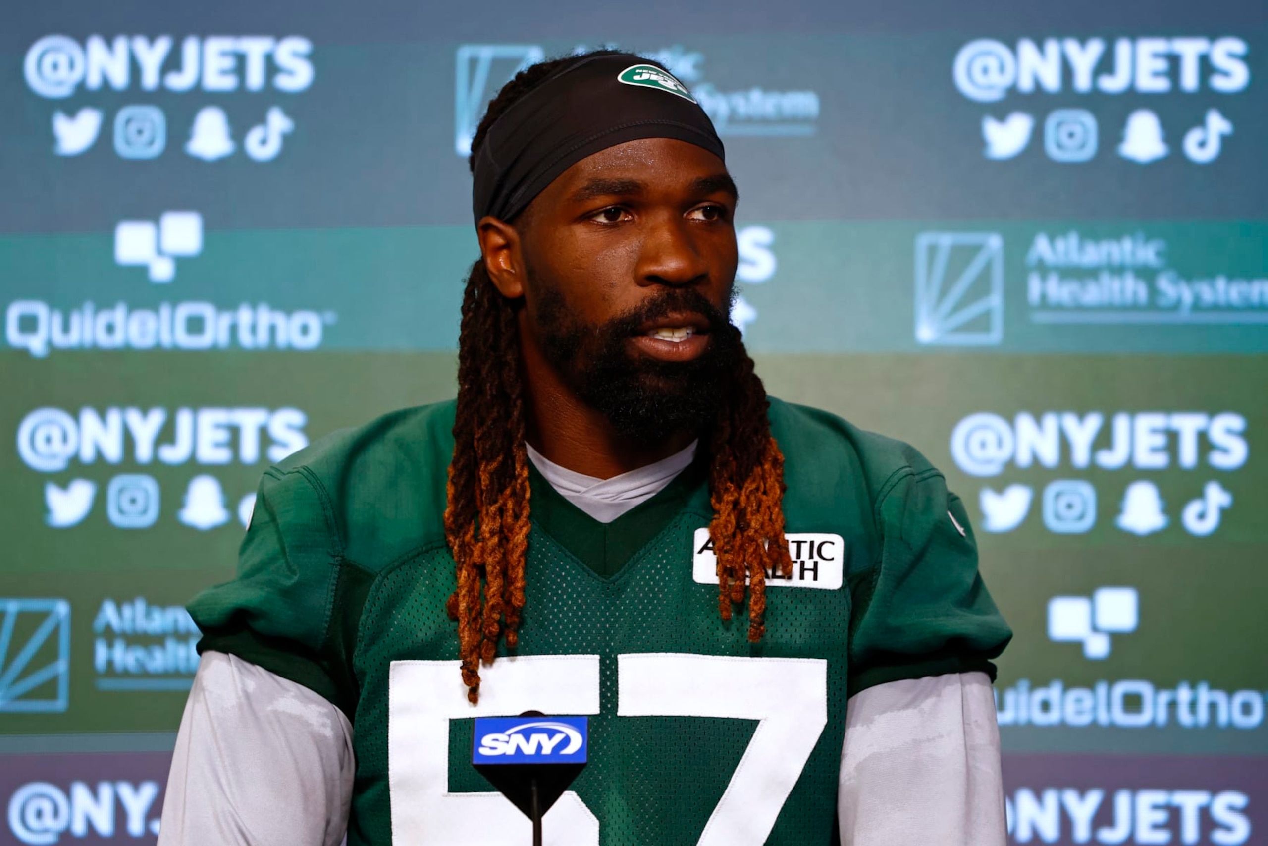 FLORHAM PARK, NEW JERSEY - JUNE 6: Linebacker C.J. Mosley #57 of the New York Jets talks to reporters after the teams OTAs at Atlantic Health Jets Training Center on June 6, 2023 in Florham Park, New Jersey. (Photo by Rich Schultz/Getty Images)