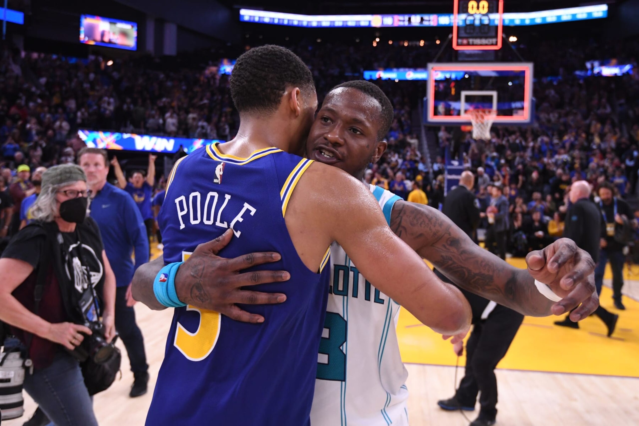 SAN FRANCISCO, CA - DECEMBER 27: Jordan Poole #3 of the Golden State Warriors and Terry Rozier #3 of the Charlotte Hornets after the game on December 27, 2022 at Chase Center in San Francisco, California. NOTE TO USER: User expressly acknowledges and agrees that, by downloading and or using this photograph, user is consenting to the terms and conditions of Getty Images License Agreement. Mandatory Copyright Notice: Copyright 2022 NBAE (Photo by Noah Graham/NBAE via Getty Images)