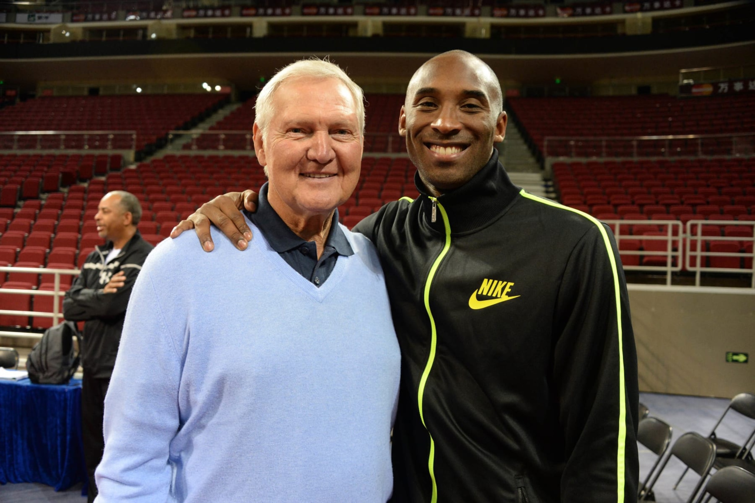 BEIJING, CHINA - OCTOBER 14: Jerry West and Kobe Bryant #24 of the Los Angeles Lakers poses for a photo during practice as part of 2013 Global Games on October 14, 2013 at the MasterCard Center in Beijing, China. NOTE TO USER: User expressly acknowledges and agrees that, by downloading and/or using this photograph, user is consenting to the terms and conditions of the Getty Images License Agreement. Mandatory Copyright Notice: Copyright 2013 NBAE (Photo by Andrew D. Bernstein/NBAE via Getty Images) BEIJING, CHINA - OCTOBER 14: Jerry West and Kobe Bryant #24 of the Los Angeles Lakers poses for a photo during practice as part of 2013 Global Games on October 14, 2013 at the MasterCard Center in Beijing, China. NOTE TO USER: User expressly acknowledges and agrees that, by downloading and/or using this photograph, user is consenting to the terms and conditions of the Getty Images License Agreement. Mandatory Copyright Notice: Copyright 2013 NBAE (Photo by Andrew D. Bernstein/NBAE via Getty Images)