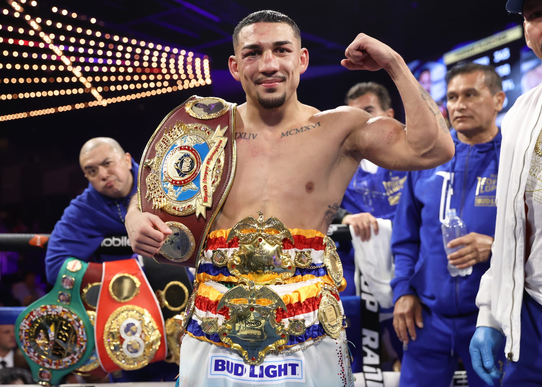 NEW YORK, NEW YORK - JUNE 10: Teofimo Lopez celebrates after defeating Josh Taylor, during their WBO junior welterweight championship fight at The Hulu Theater at Madison Square Garden on June 10, 2023 in New York City. (Photo by Mikey Williams/Top Rank Inc via Getty Images)