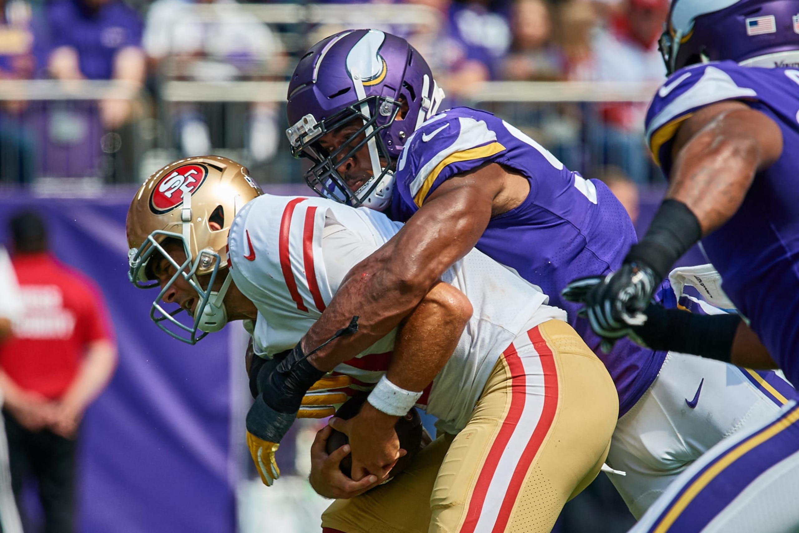 MINNEAPOLIS, MN - SEPTEMBER 09: Minnesota Vikings Defensive End Danielle Hunter (99) sacks San Francisco 49ers Quarterback Jimmy Garoppolo (10) in game action during an NFL game between the San Francisco 49ers and the Minnesota Vikings on September 09, 2018 at U.S. Bank Stadium in Minneapolis, MN. (Photo by Robin Alam/Icon Sportswire via Getty Images)