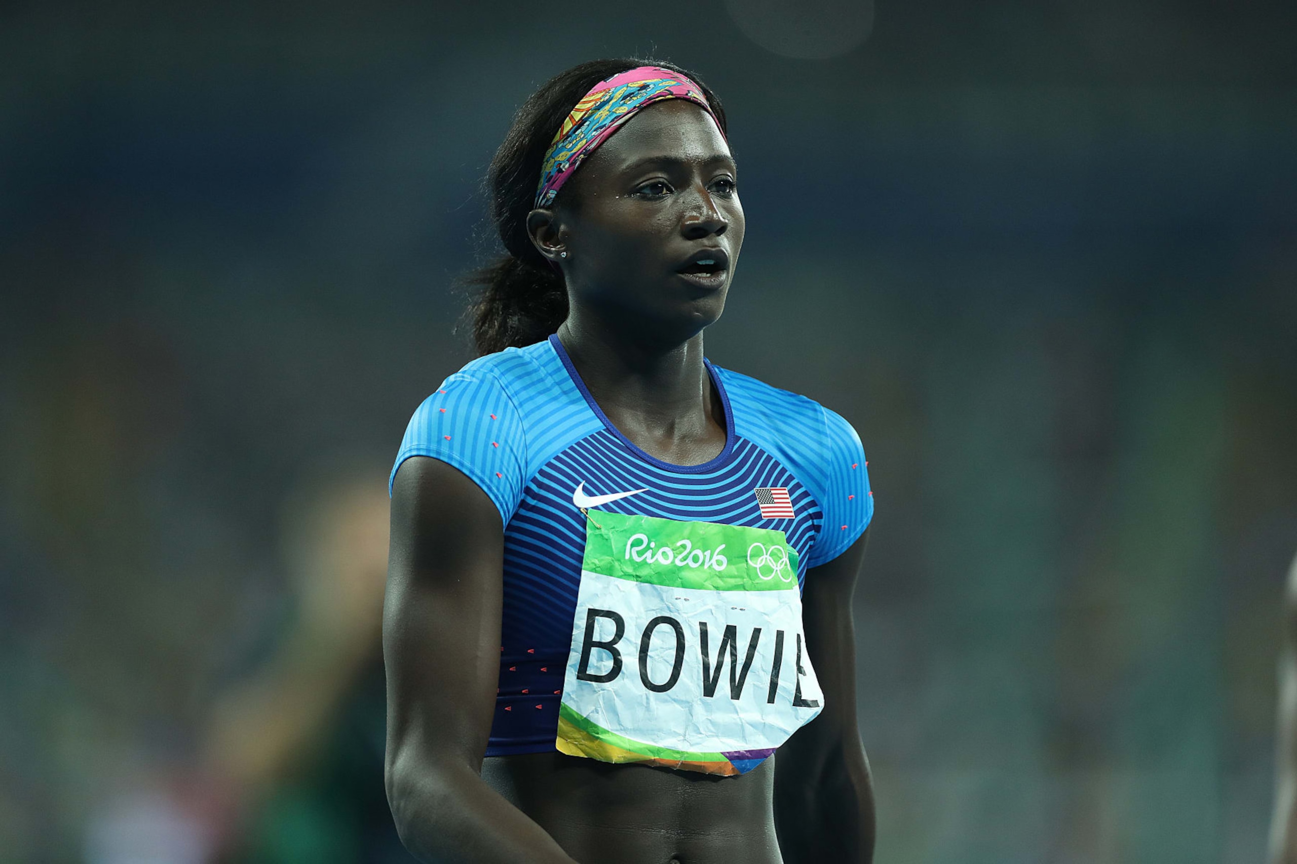 RIO DE JANEIRO, BRAZIL - AUGUST 19: Tori Bowie of the United States celebrates winning gold in the Women's 4 x 100m Relay Final on Day 14 of the Rio 2016 Olympic Games at the Olympic Stadium on August 19, 2016 in Rio de Janeiro, Brazil. (Photo by Ian MacNicol/Getty Images)