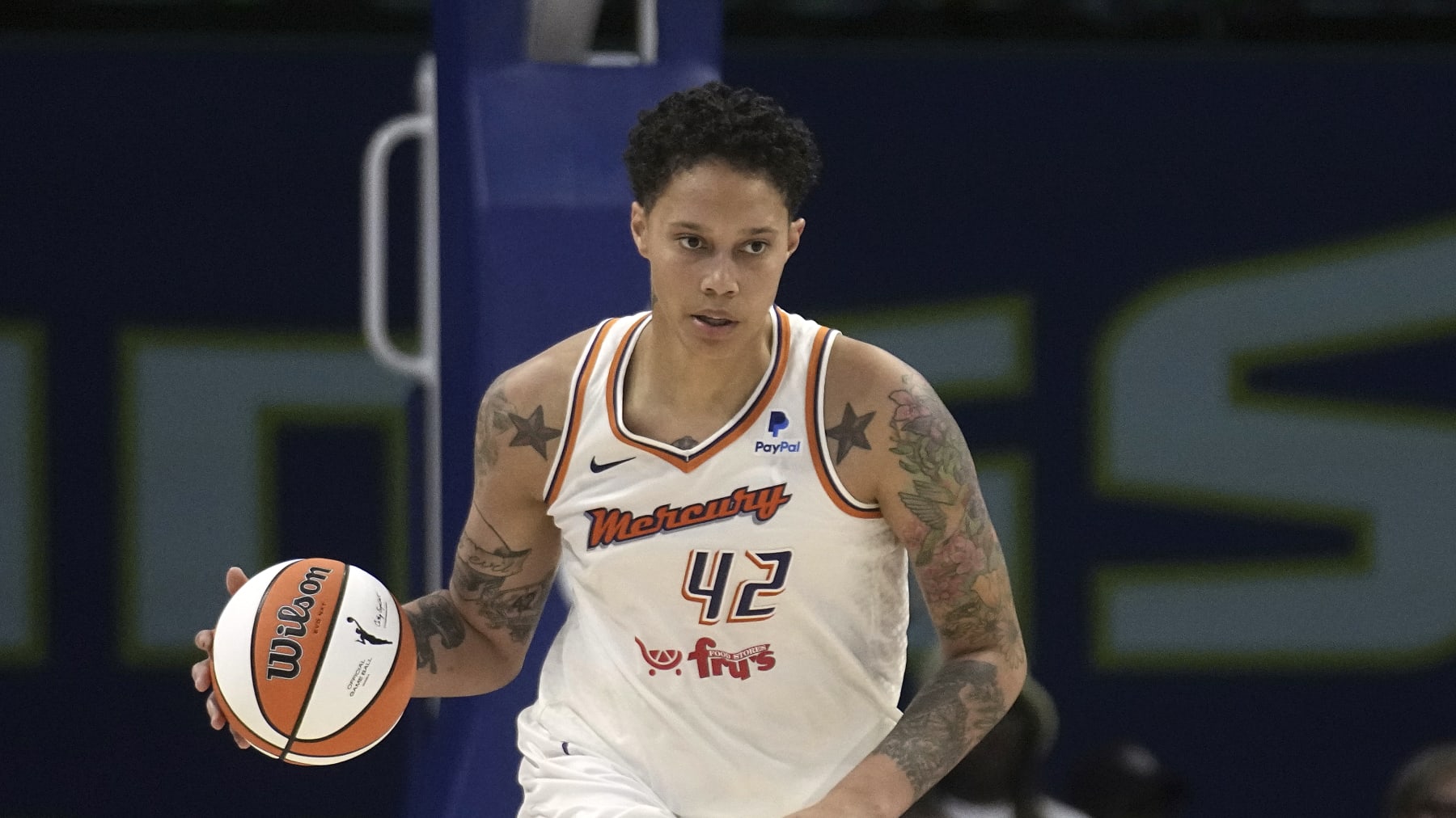 Phoenix Mercury center Brittney Griner advances the ball against the Dallas Wings during a WNBA basketball game, Wednesday, June 7, 2023, in Arlington, Texas. (AP Photo/Tony Gutierrez)