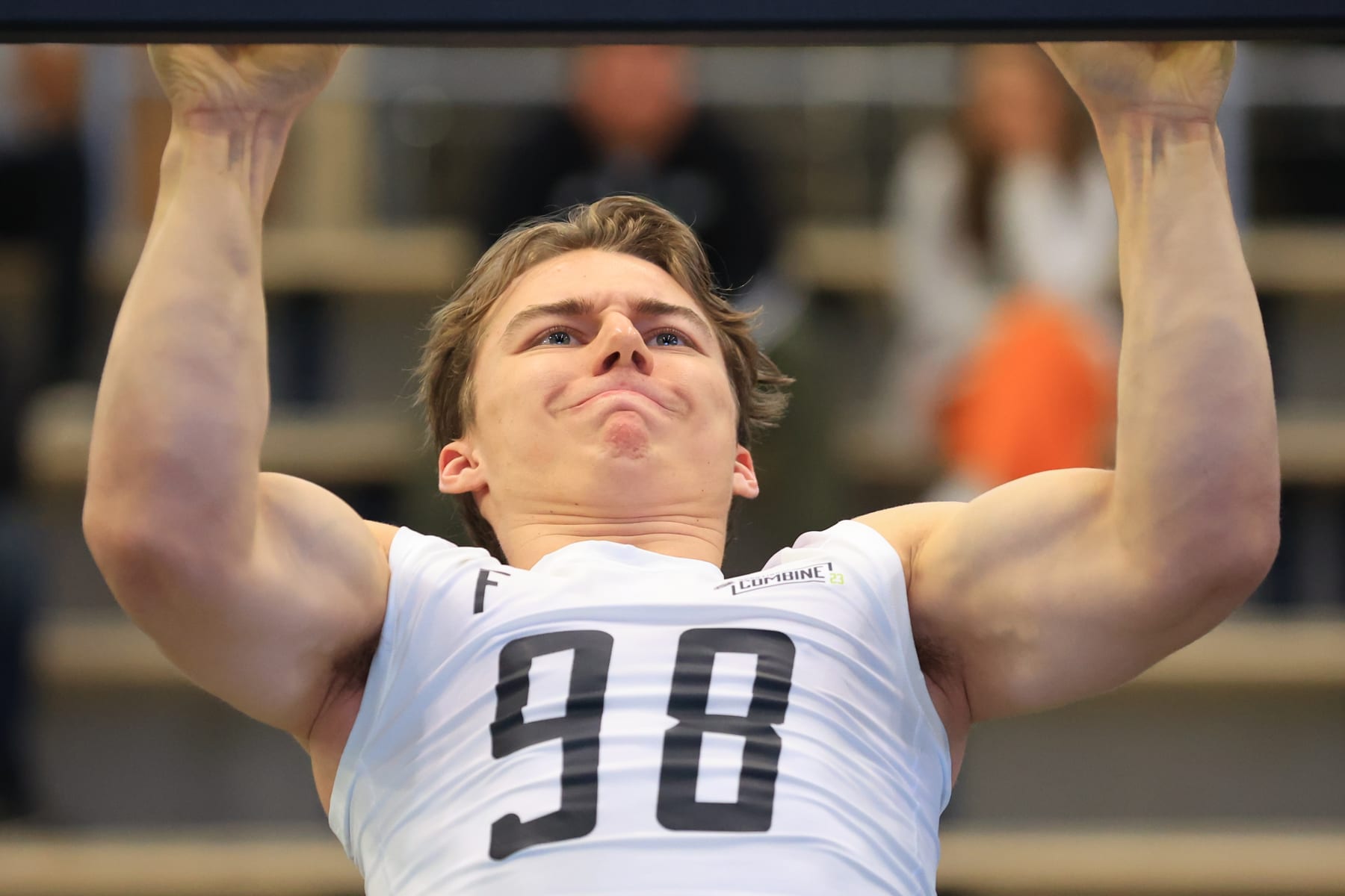 BUFFALO, NEW YORK - JUNE 10: Connor Bedard #98 performs pull-ups during the 2023 NHL Scouting Combine at the LECOM Harborcenter on June 10, 2023 in Buffalo, New York. (Photo by Bill Wippert/NHLI via Getty Images)