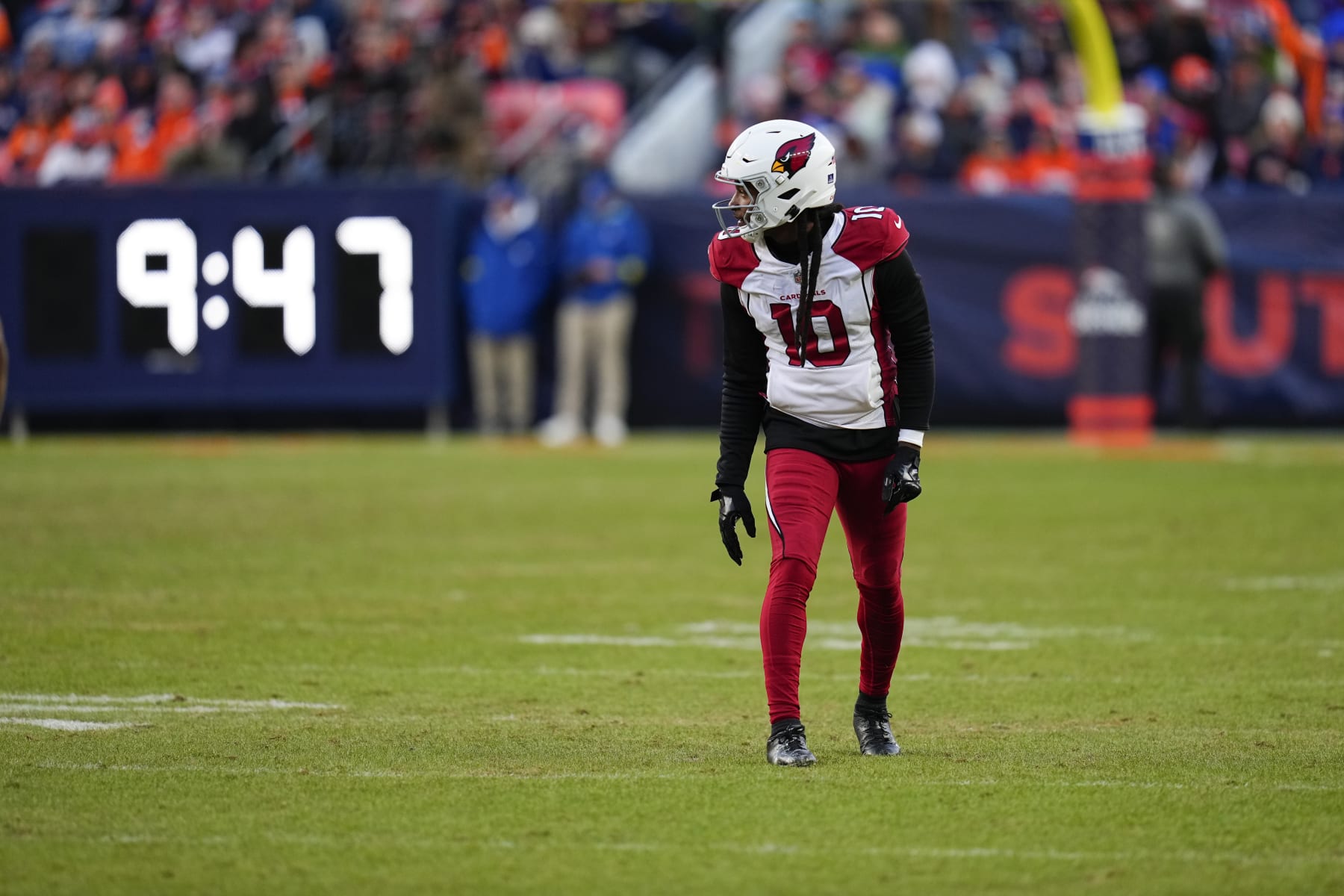 Arizona Cardinals wide receiver DeAndre Hopkins (10) lines up against the Denver Broncos during the second half of an NFL football game Sunday, Dec. 18, 2022, in Denver. (AP Photo/Jack Dempsey)