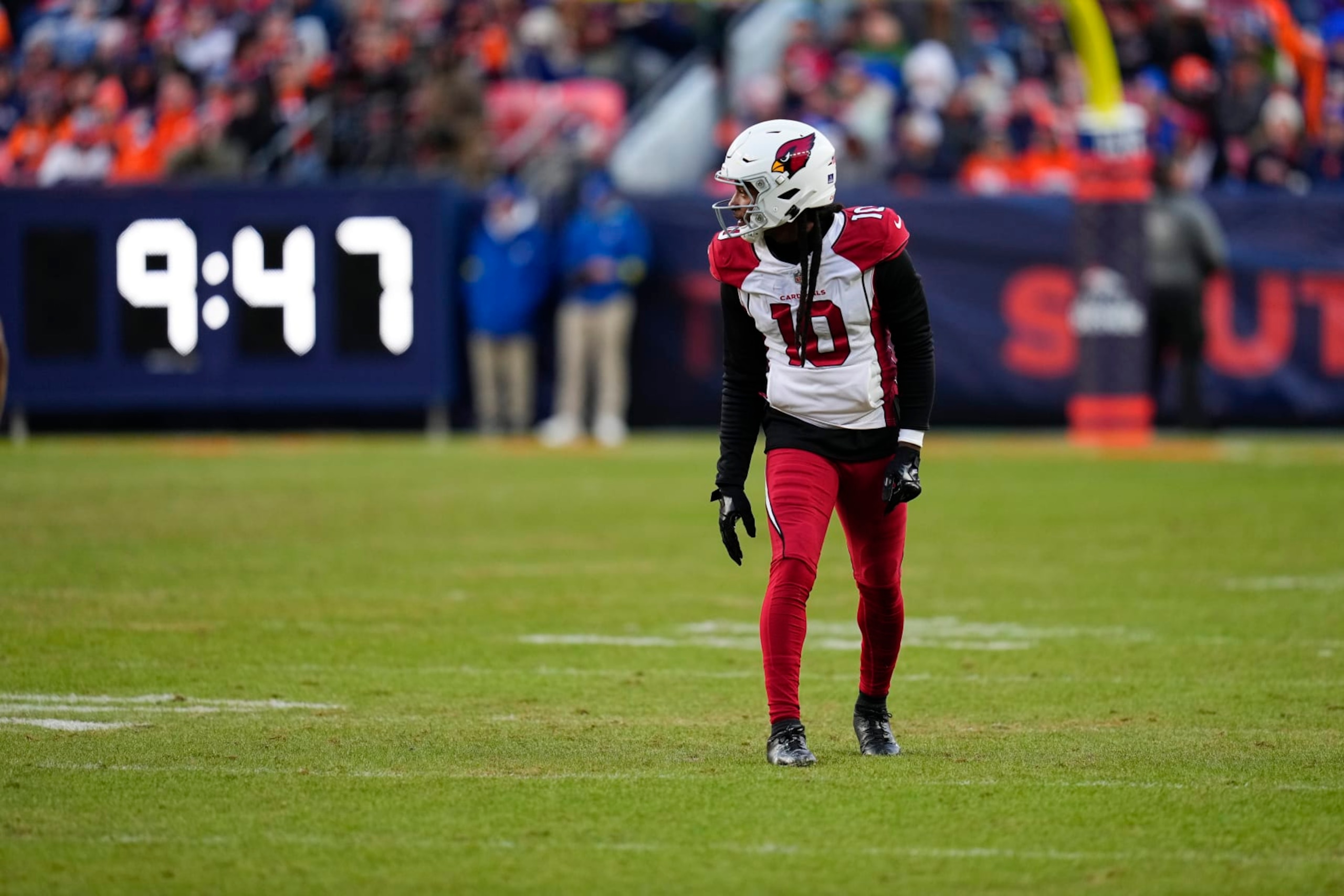 Arizona Cardinals wide receiver DeAndre Hopkins (10) lines up against the Denver Broncos during the second half of an NFL football game Sunday, Dec. 18, 2022, in Denver. (AP Photo/Jack Dempsey)