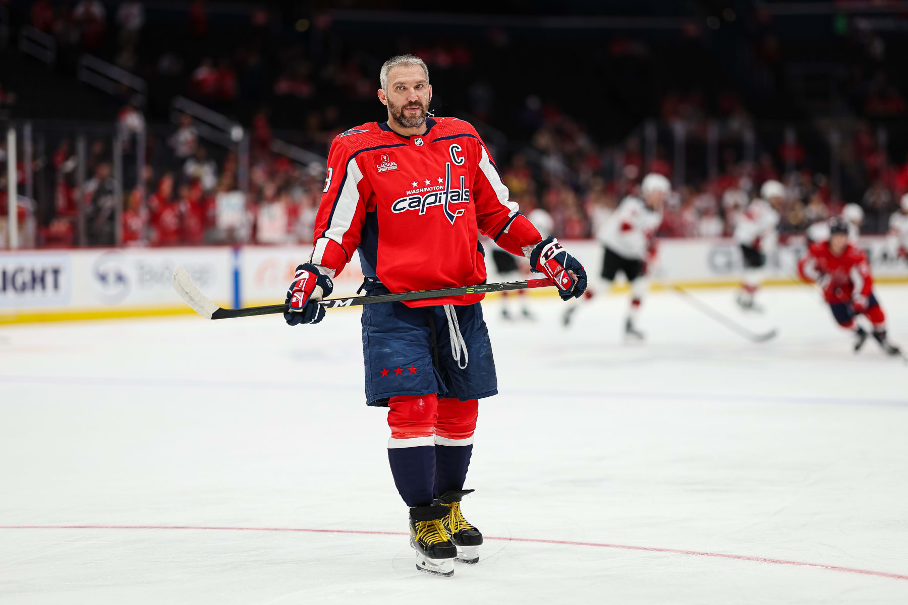 WASHINGTON, DC - APRIL 13: Alex Ovechkin #8 of the Washington Capitals skates before the game against the New Jersey Devils at Capital One Arena on April 13, 2023 in Washington, DC. (Photo by Scott Taetsch/Getty Images)