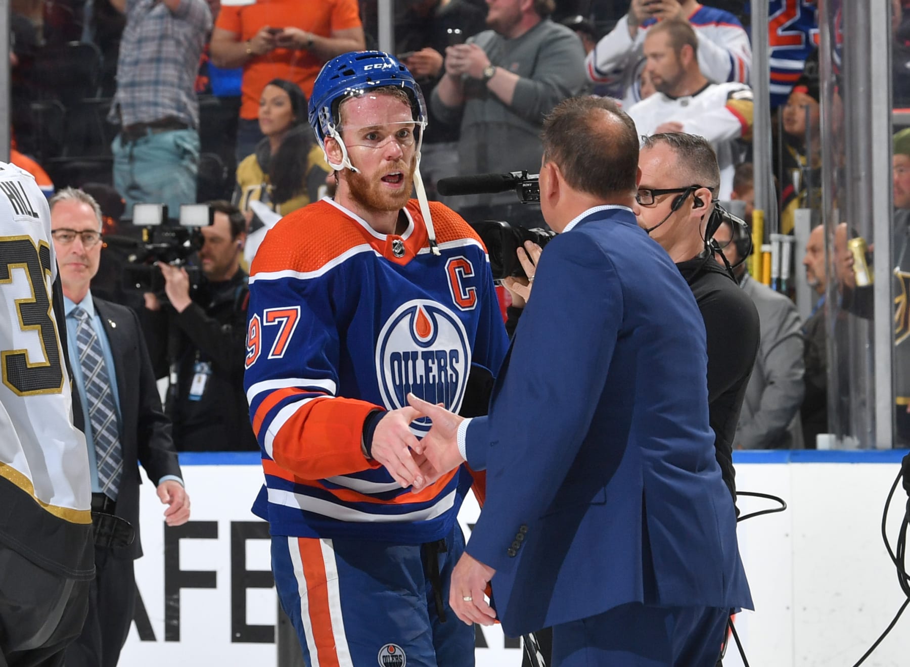 EDMONTON, CANADA - MAY 14 Connor McDavid #97 of the Edmonton Oilers shakes hands with head coach Bruce Cassidy of the Vegas Golden Knights after Game Six of the Second Round of the 2023 Stanley Cup Playoffs at Rogers Place on May 14, 2023, in Edmonton, Alberta, Canada. (Photo by Andy Devlin/NHLI via Getty Images)