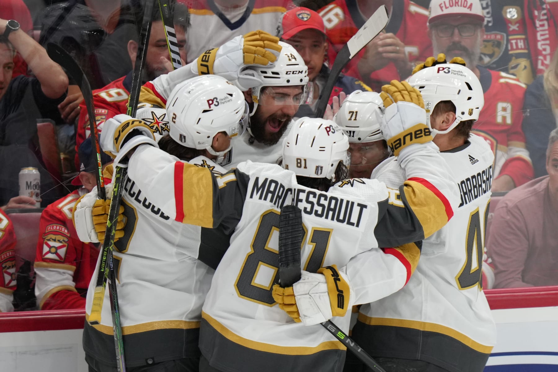 SUNRISE, FL - JUNE 10: Vegas Golden Knights center William Karlsson (71) celebrates a goal and 3-0 lead with Vegas Golden Knights defenseman Nicolas Hague (14), Vegas Golden Knights defenseman Zach Whitecloud (2), Vegas Golden Knights right wing Jonathan Marchessault (81), and Vegas Golden Knights center Ivan Barbashev (49) in the second period during game four of the Stanley Cup Finals between the Vegas Golden Knights and the Florida Panthers on Saturday, June 10, 2023 at FLA Live Arena, Sunrise, Fla. (Photo by Peter Joneleit/Icon Sportswire via Getty Images)