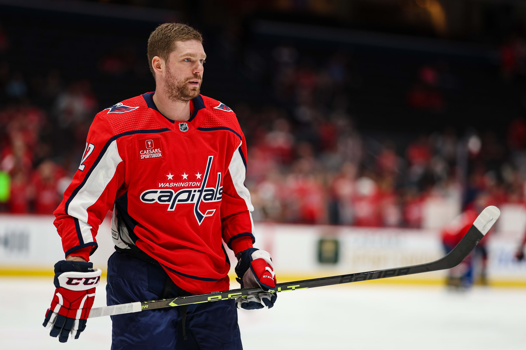 WASHINGTON, DC - APRIL 13: Evgeny Kuznetsov #92 of the Washington Capitals looks on before the game against the New Jersey Devils at Capital One Arena on April 13, 2023 in Washington, DC. (Photo by Scott Taetsch/Getty Images)