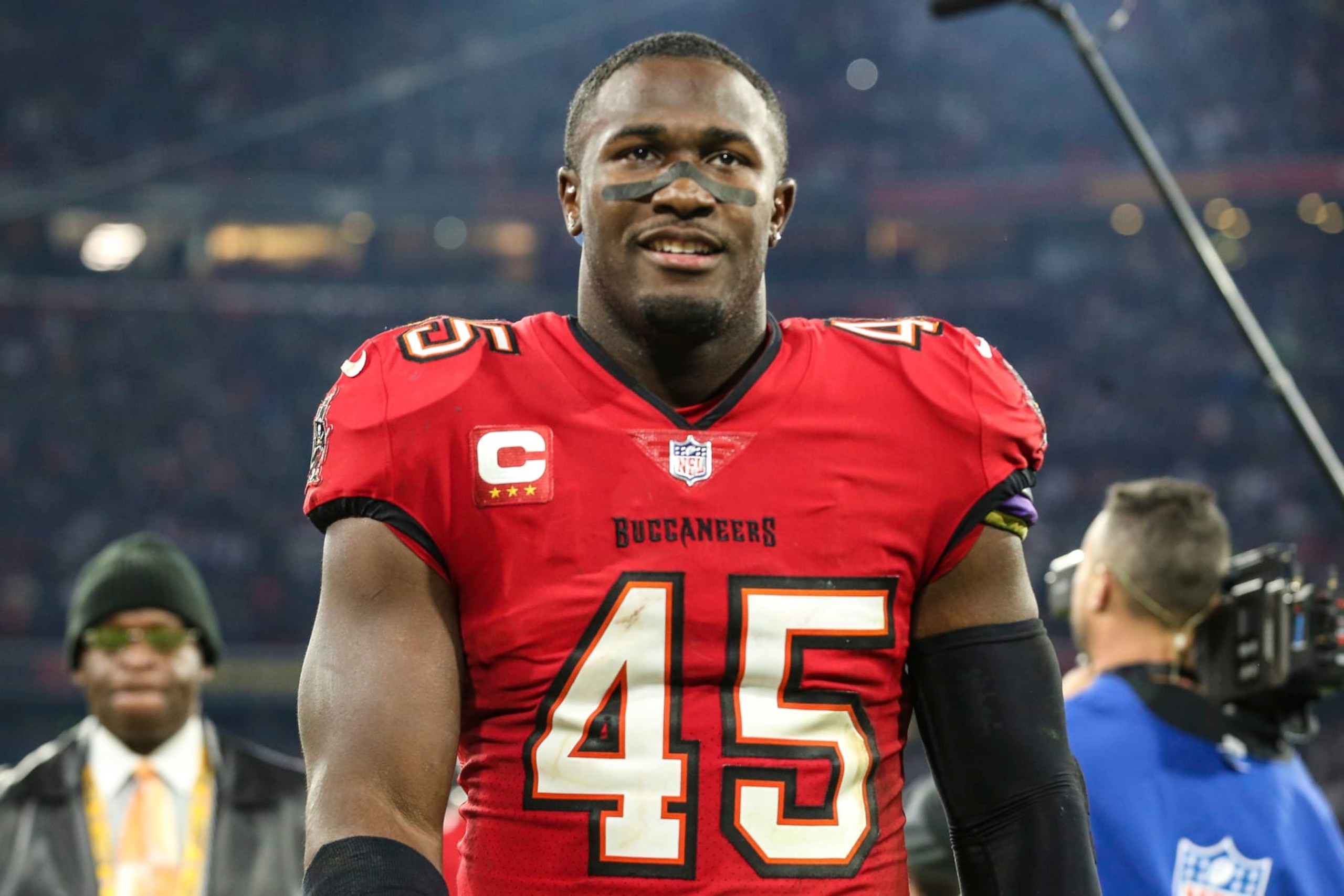 Tampa Bay Buccaneers linebacker Devin White (45) walks off the field after an NFL football game against the Seattle Seahawks on Nov. 13, 2022, in Munich. The Buccaneers defeated the Seahawks 21-16. (AP Photo/Gary McCullough) Tampa Bay Buccaneers linebacker Devin White (45) walks off the field after an NFL football game against the Seattle Seahawks on Nov. 13, 2022, in Munich. The Buccaneers defeated the Seahawks 21-16. (AP Photo/Gary McCullough)