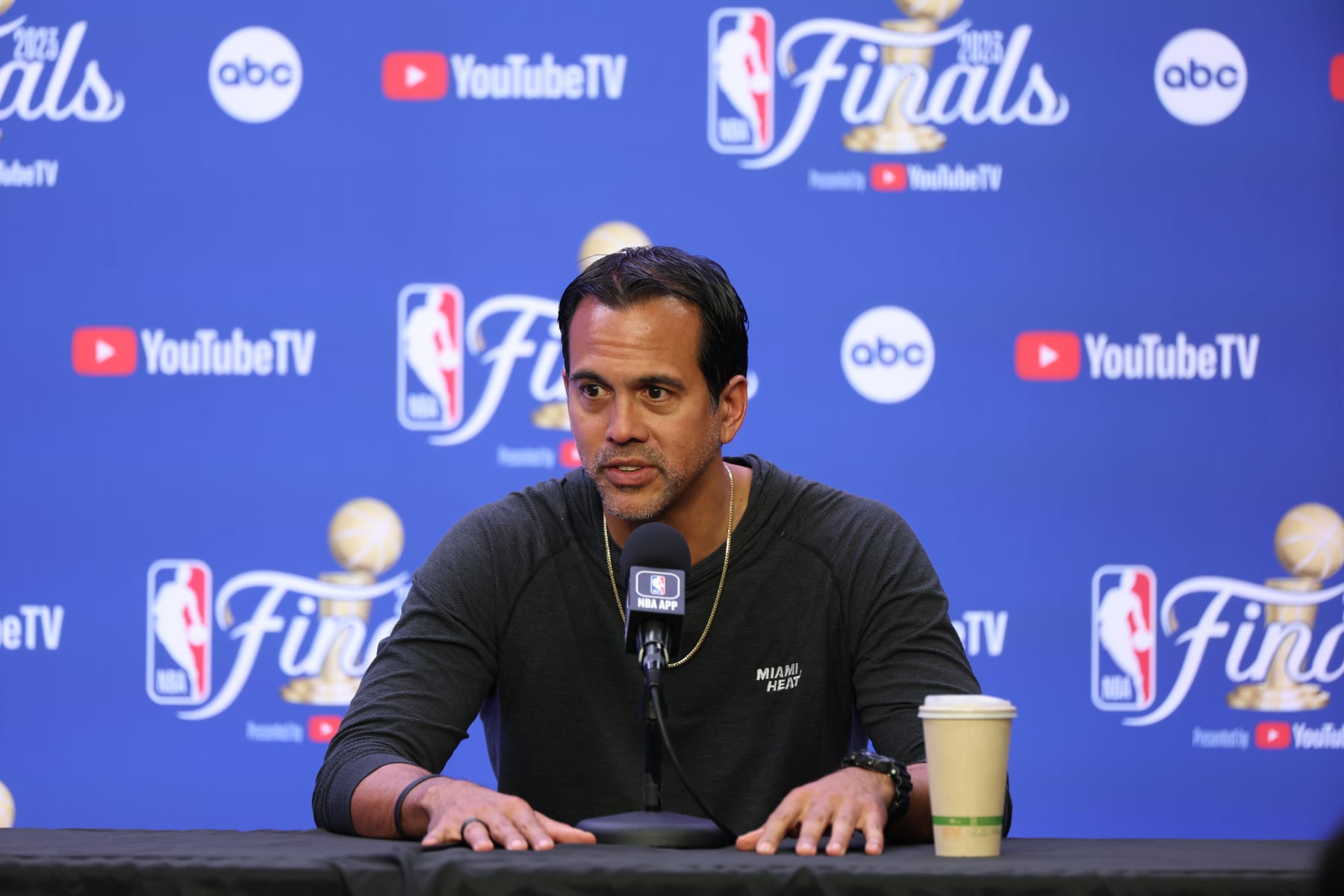 DENVER, CO - JUNE 11: Head Coach Erik Spoelstra of the Miami Heat speaks to the media during 2023 NBA Finals Practice and Media Availability on June 11, 2023 at the Ball Arena in Denver, Colorado. NOTE TO USER: User expressly acknowledges and agrees that, by downloading and/or using this Photograph, user is consenting to the terms and conditions of the Getty Images License Agreement. Mandatory Copyright Notice: Copyright 2023 NBAE (Photo by Joe Murphy/NBAE via Getty Images)