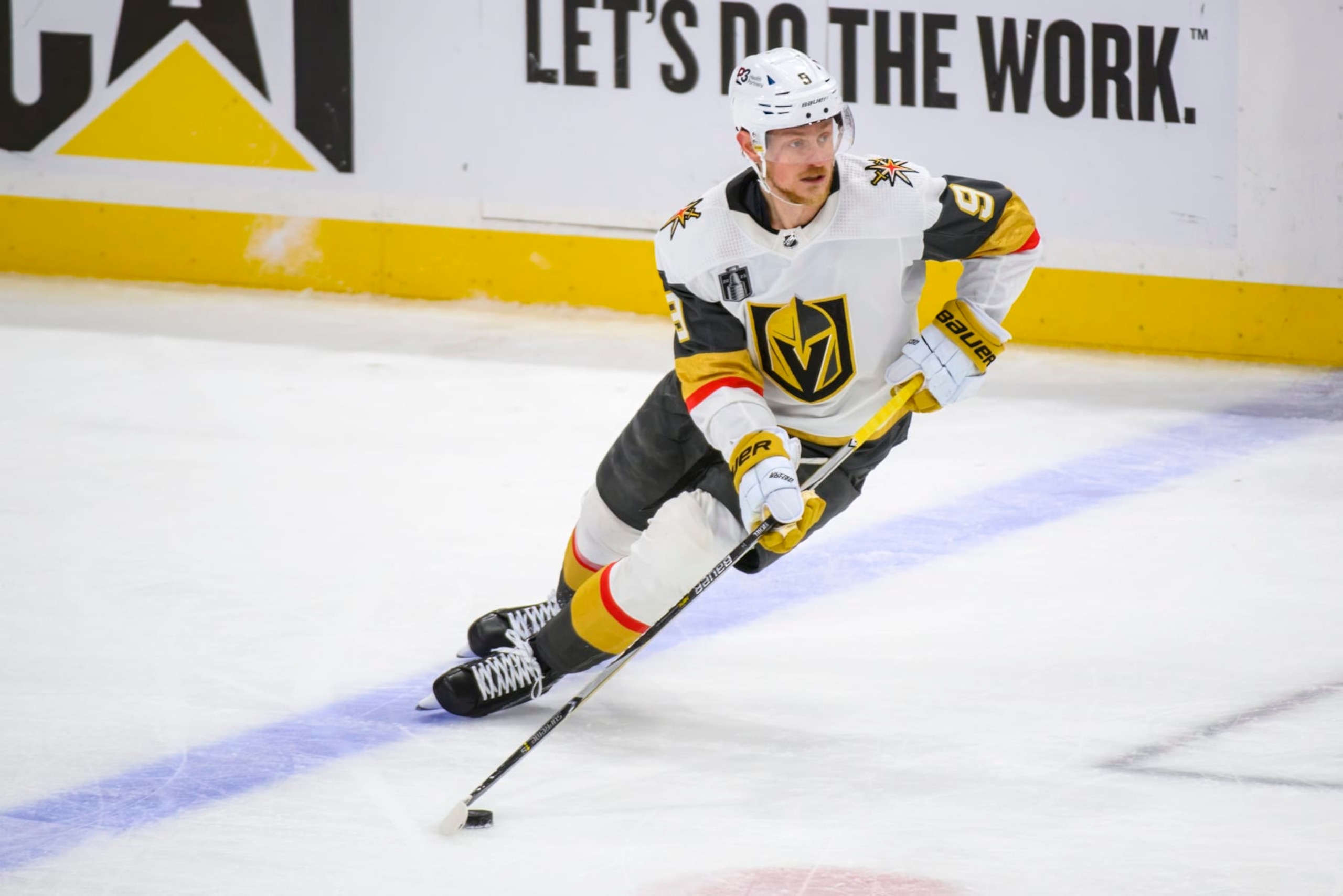 SUNRISE, FL - JUNE 10: Vegas Golden Knights center Jack Eichel (9) moves the puck during Game Four of the NHL Stanley Cup Final between the Vegas Golden Knights and the Florida Panthers on June 10, 2023 at the FLA Live Arena in Sunrise, Florida. (Photo by Doug Murray/Icon Sportswire via Getty Images)