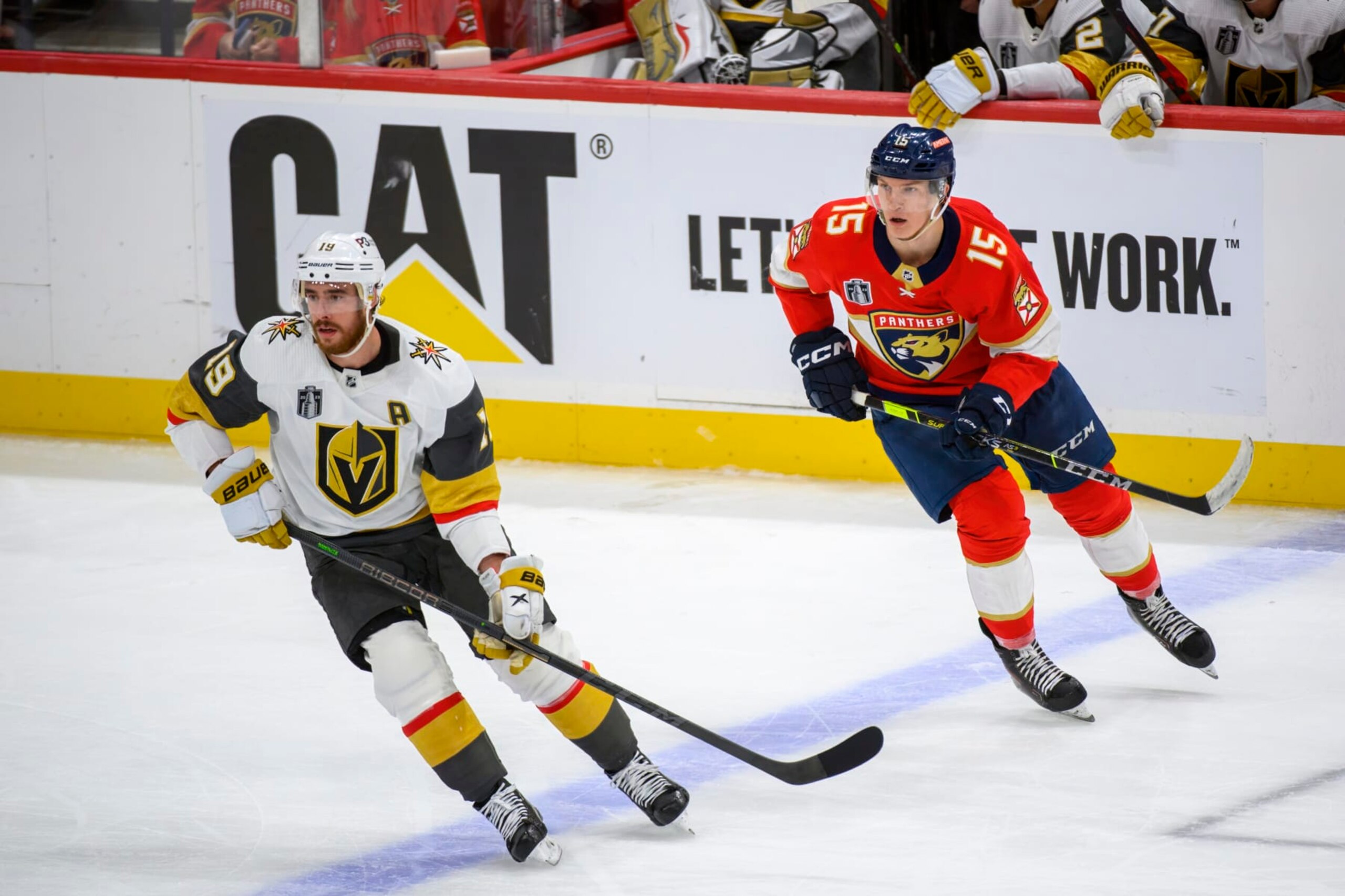 SUNRISE, FL - JUNE 10: Vegas Golden Knights right wing Reilly Smith (19) and Florida Panthers center Anton Lundell (15) skate during Game Four of the NHL Stanley Cup Final between the Vegas Golden Knights and the Florida Panthers on June 10, 2023 at the FLA Live Arena in Sunrise, Florida. (Photo by Doug Murray/Icon Sportswire via Getty Images)