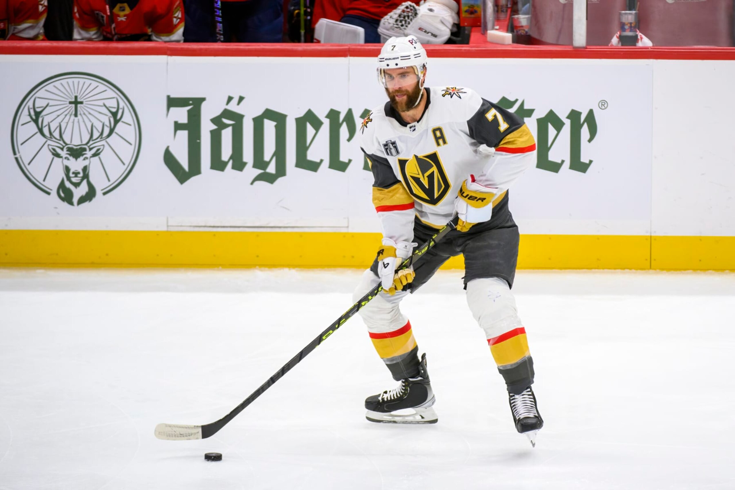 SUNRISE, FL - JUNE 10: Vegas Golden Knights defenseman Alex Pietrangelo (7) moves the puck during Game Four of the NHL Stanley Cup Final between the Vegas Golden Knights and the Florida Panthers on June 10, 2023 at the FLA Live Arena in Sunrise, Florida. (Photo by Doug Murray/Icon Sportswire via Getty Images)