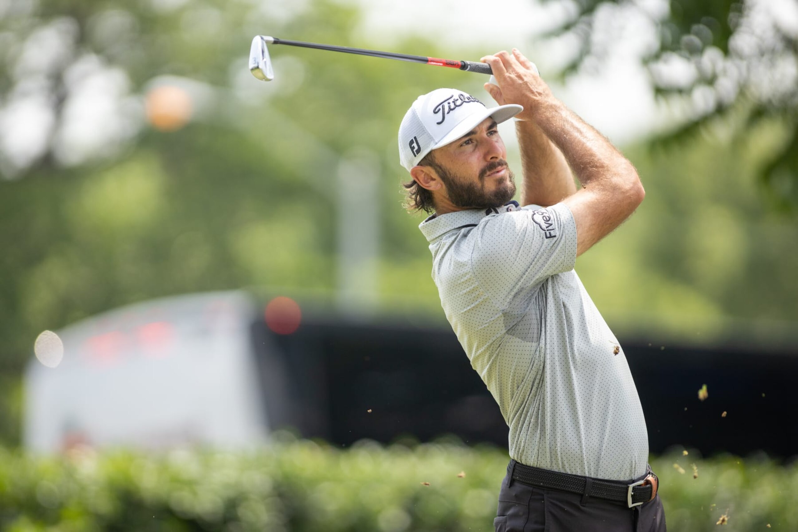 FT. WORTH, TX - MAY 28: Max Homa of the United States tees off from the fifth hole during the Final Round of the Charles Schwab Challenge at Colonial Country Club on May 28, 2023 in Ft. Worth, Texas. (Photo by Eston Parker/ISI Photos/Getty Images).