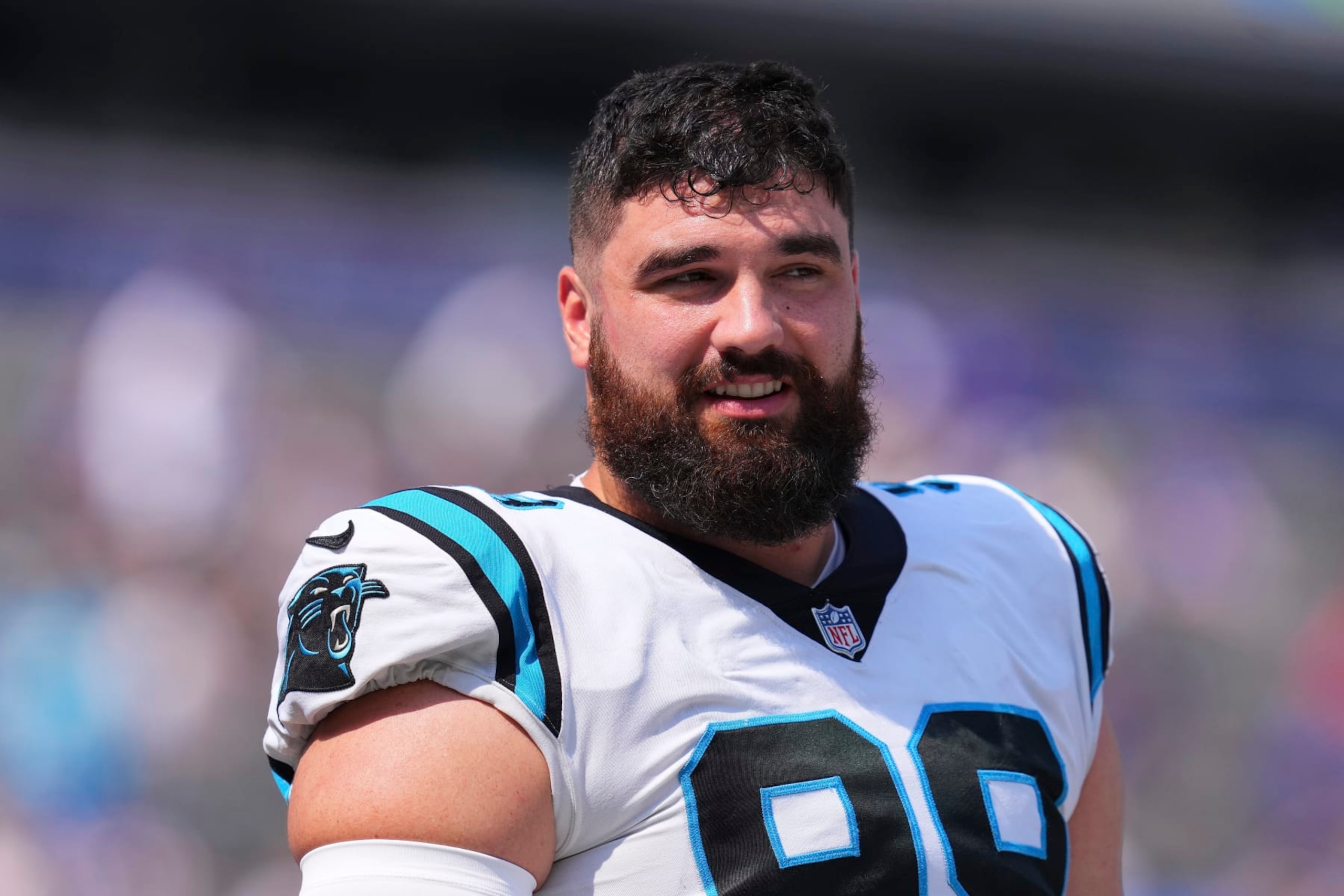 EAST RUTHERFORD, NJ - SEPTEMBER 18: Matt Ioannidis #99 of the Carolina Panthers looks on prior to the game against the New York Giants at MetLife Stadium on September 18, 2022 in East Rutherford, New Jersey. (Photo by Mitchell Leff/Getty Images)