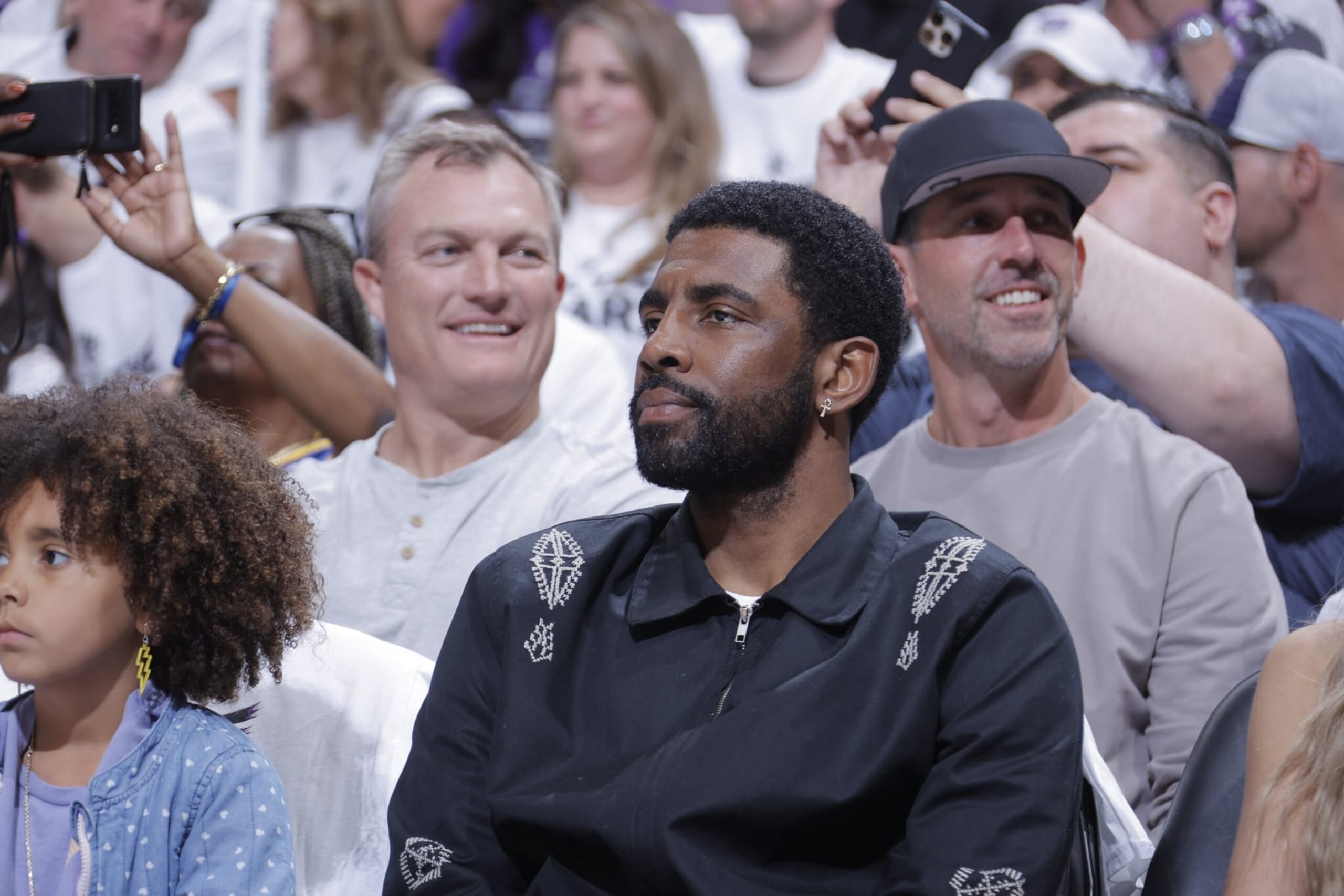 SACRAMENTO, CA - APRIL 30: Kyrie Irving attends Round One Game Seven of the 2023 NBA Playoffs on April 30, 2023 at Golden 1 Center in Sacramento, California. NOTE TO USER: User expressly acknowledges and agrees that, by downloading and or using this Photograph, user is consenting to the terms and conditions of the Getty Images License Agreement. Mandatory Copyright Notice: Copyright 2023 NBAE (Photo by Rocky Widner/NBAE via Getty Images)