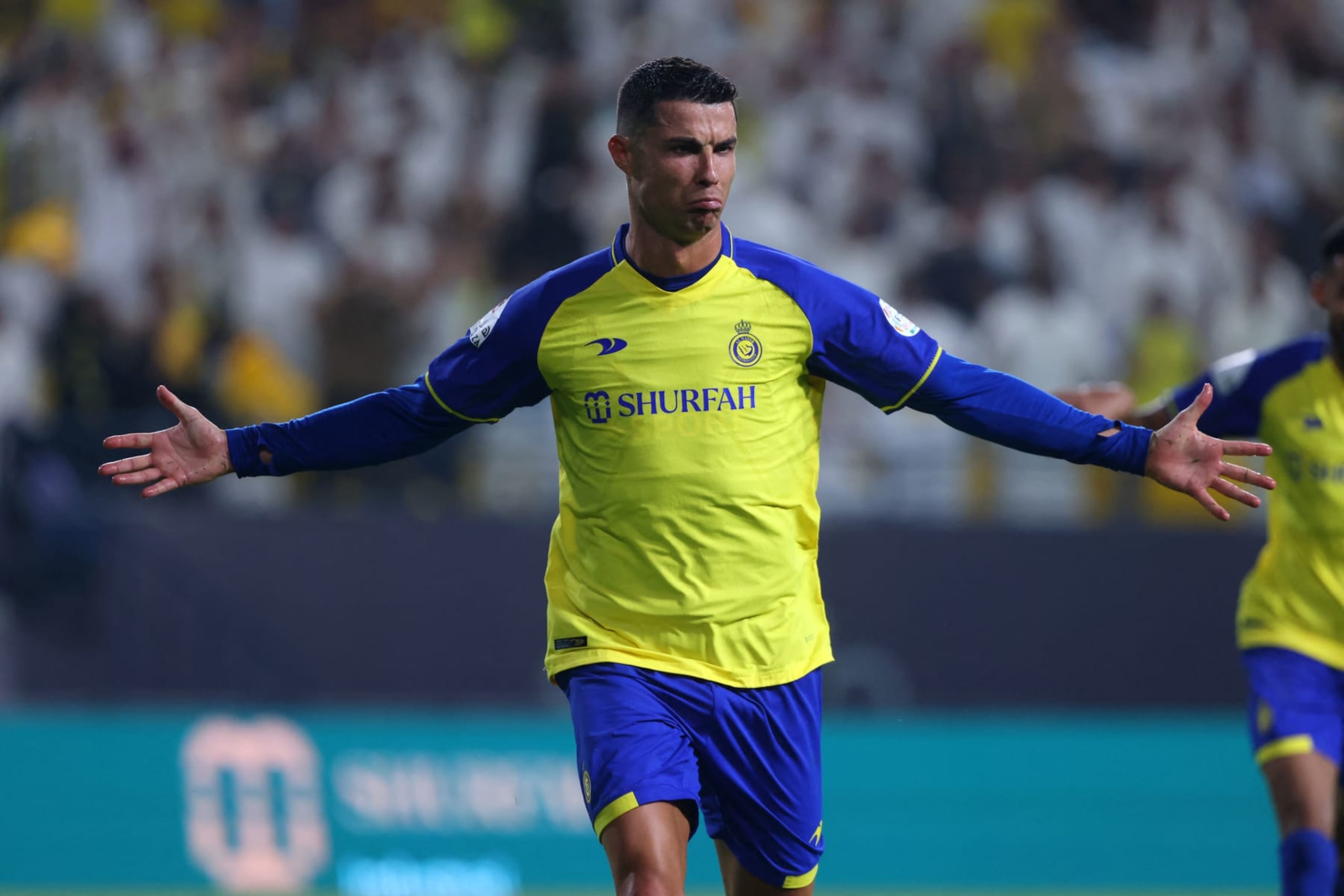 Nassr's Portuguese forward Cristiano Ronaldo reacts after scoring during the Saudi Pro League football match between Al-Nassr and Al-Shabab at the al-Awwal Park Stadium in Riyadh on May 23, 2023. (Photo by Fayez NURELDINE / AFP) (Photo by FAYEZ NURELDINE/AFP via Getty Images)