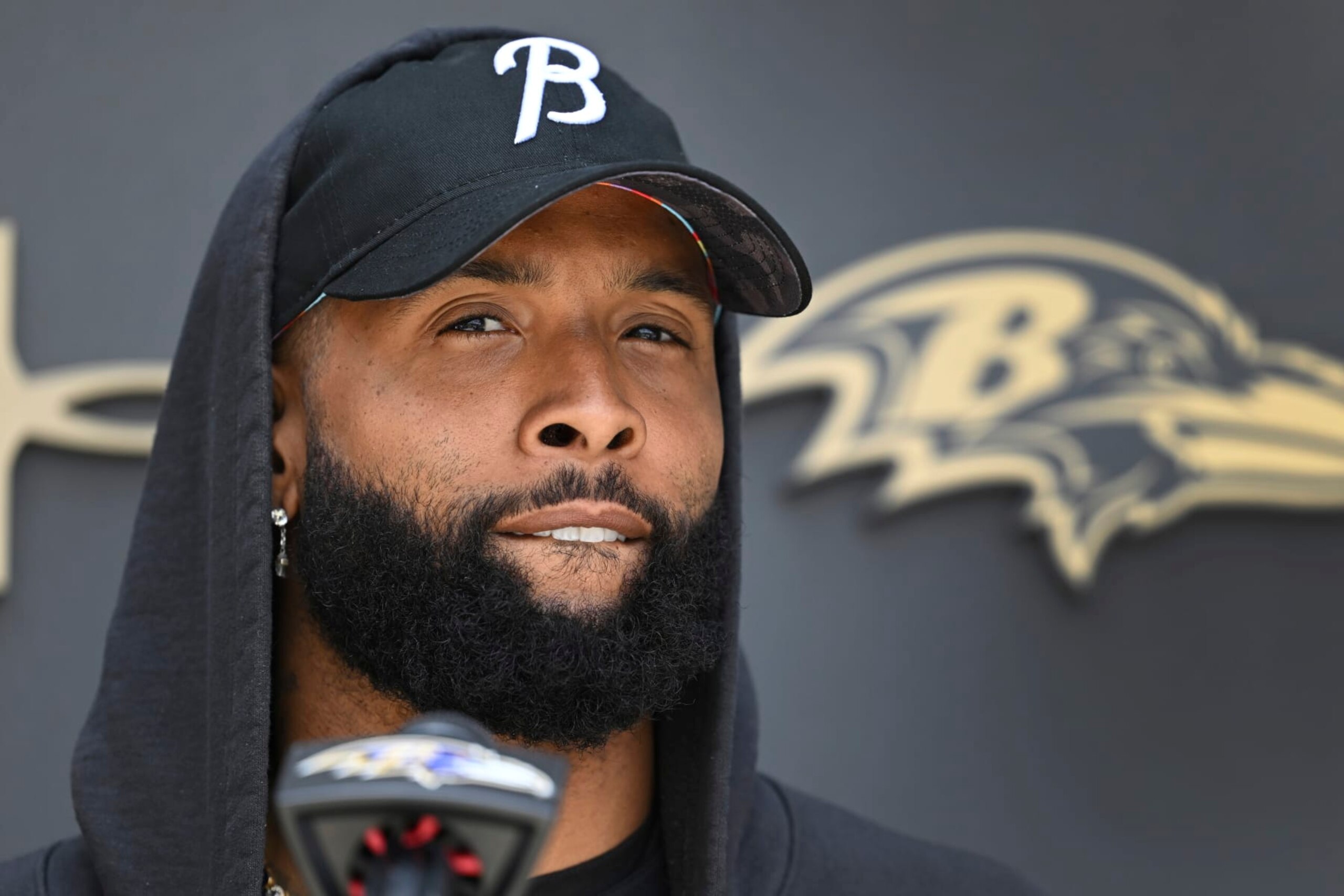 Baltimore Ravens wide receiver Odell Beckham Jr. answers questions from the media before a mandatory NFL football minicamp, Tuesday, June 13, 2019, in Owings Mills, Md. (AP Photo/Gail Burton)