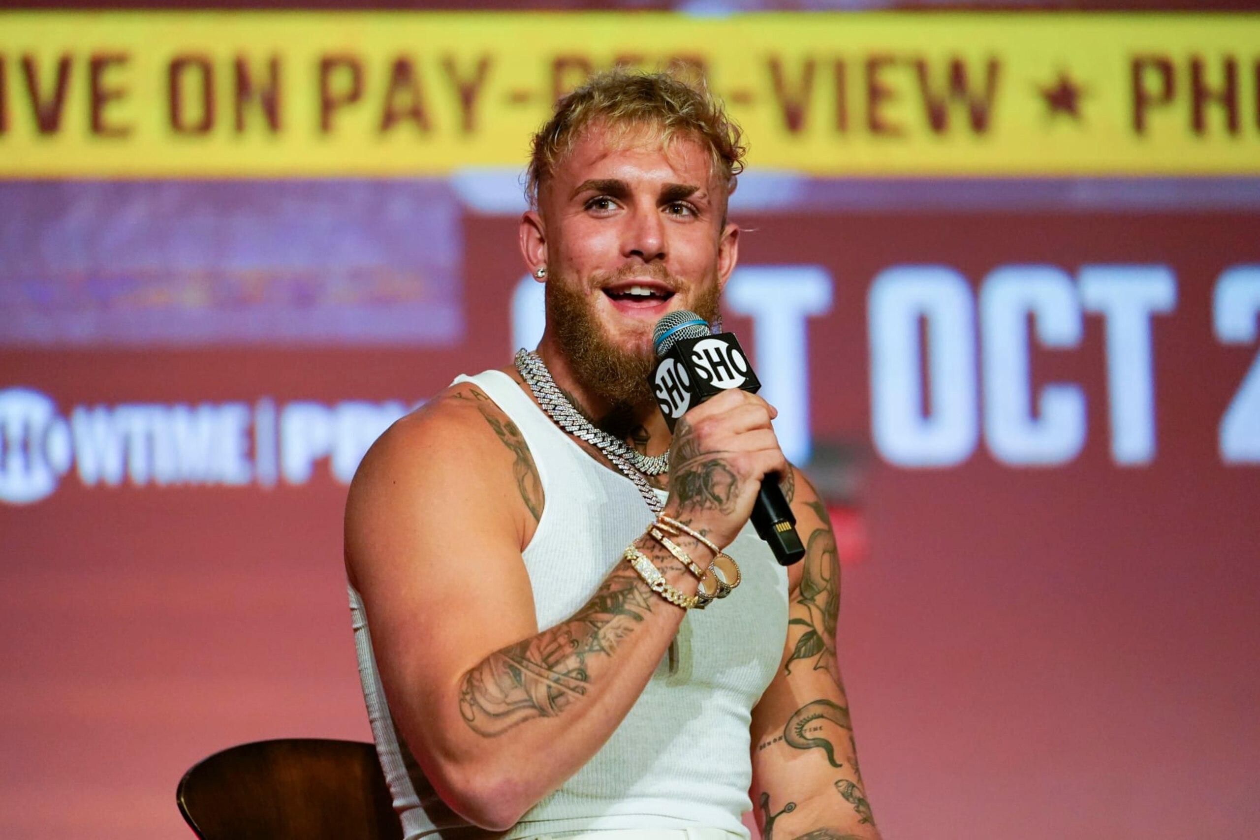 FILE - Jake Paul speaks during a news conference Monday, Sept. 12, 2022, in Los Angeles. Jake Paul’s unorthodox career in boxing might just be about to get serious. The YouTube megastar influencer-turned-prizefighter will be coming up against a recognized professional boxer for the first time Sunday when he takes on Tommy Fury. (AP Photo/Ashley Landis, File)