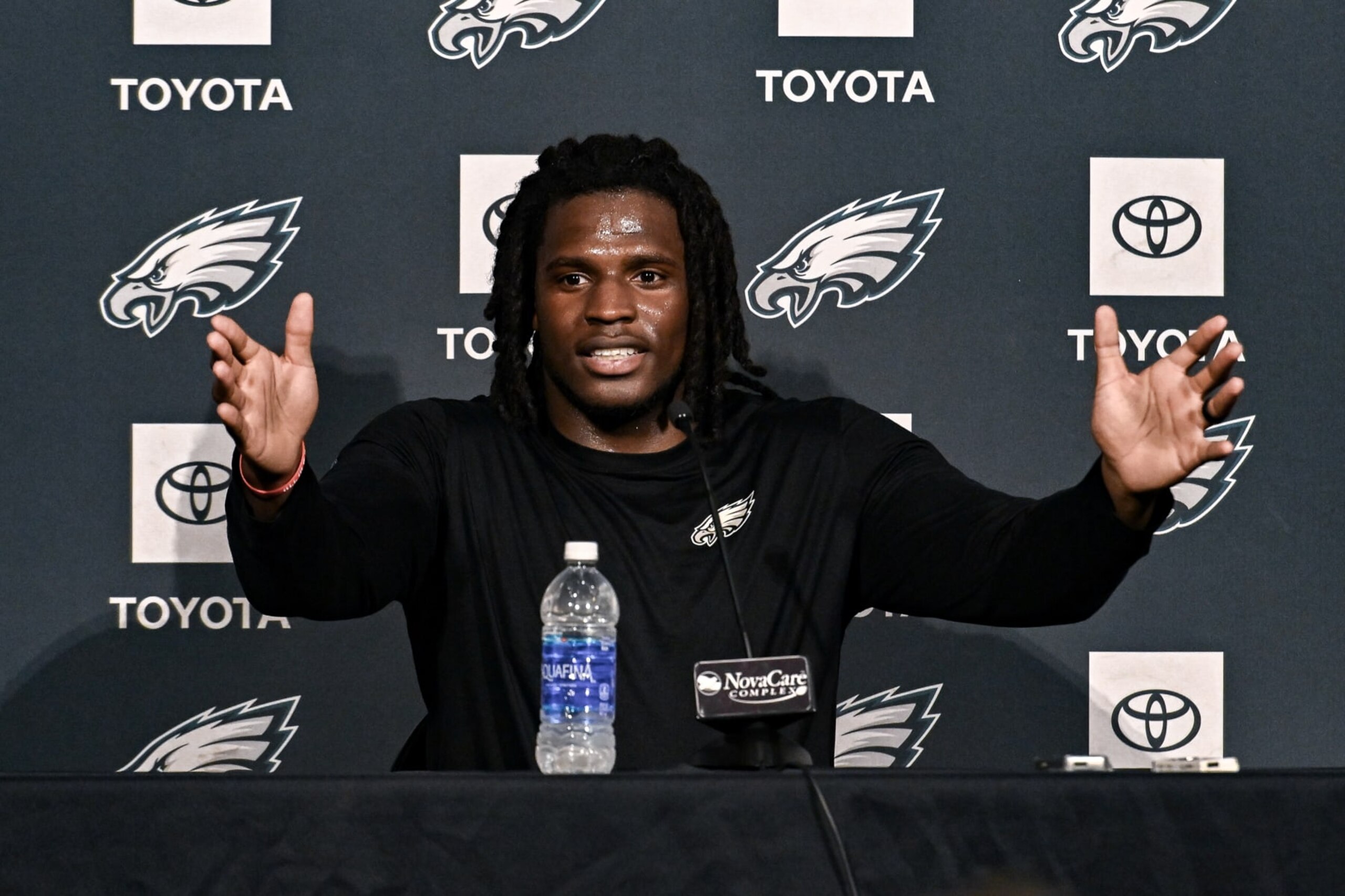 PHILADELPHIA, PA - JUN 1: Philadelphia Eagles linebacker Nicholas Morrow (41) speaks during a press conference at Philadelphia Eagles OTA's on June 1, 2023 at Novacare Complex in Philadelphia, PA (Photo by John Jones/Icon Sportswire via Getty Images)
