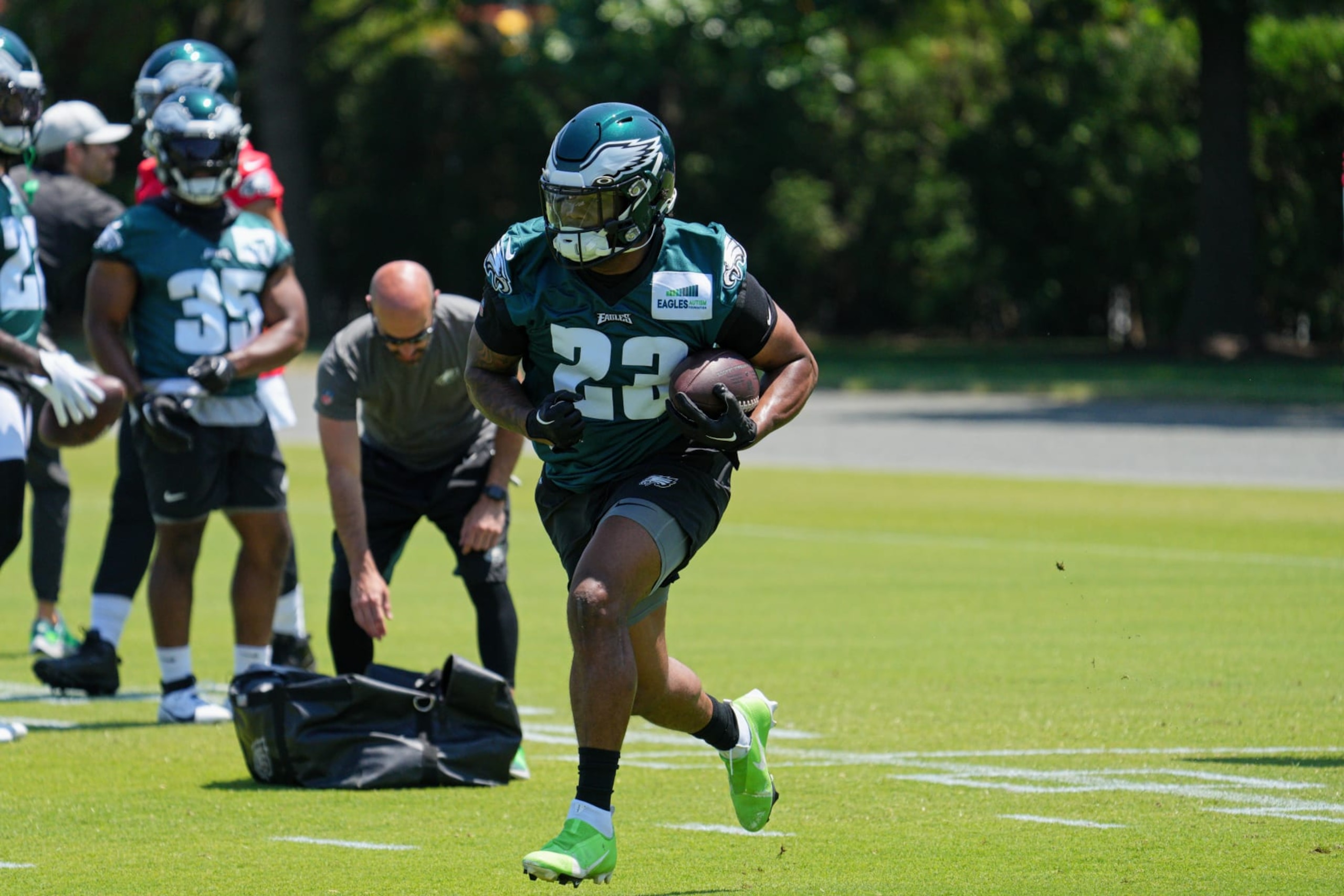 PHILADELPHIA, PA - JUNE 01: Philadelphia Eagles running back Rashaad Penny (23) participates in the Philadelphia Eagles OTA on June 1, 2023 at the NovaCare Training Complex in Philadelphia, Pa. (Photo by Andy Lewis/Icon Sportswire via Getty Images)