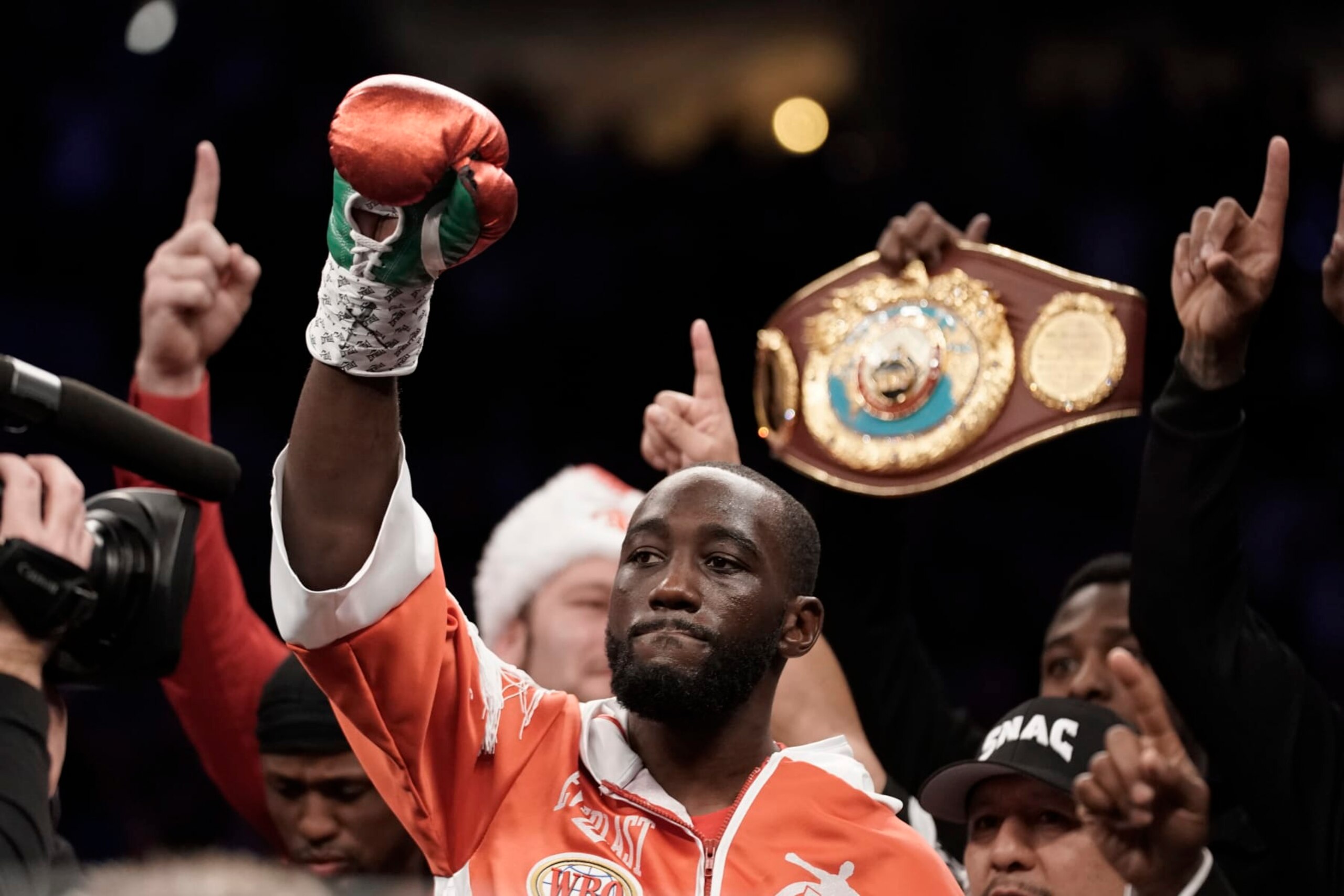 OMAHA, NEBRASKA - DECEMBER 10:  WBO champion Terence Crawford is introduced prior to his welterweight title fight against David Avanesyan at CHI Health Center on December 10, 2022 in Omaha, Nebraska. (Photo by Ed Zurga/Getty Images)