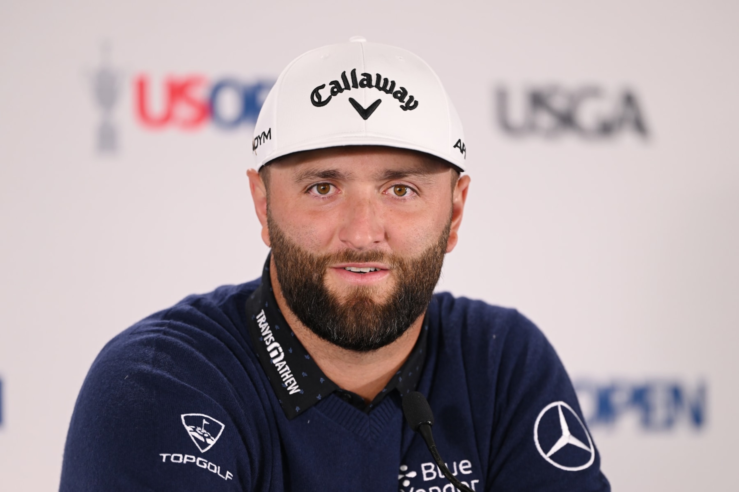 LOS ANGELES, CALIFORNIA - JUNE 13: Jon Rahm of Spain speaks to the media during a press conference prior to the 123rd U.S. Open Championship at The Los Angeles Country Club on June 13, 2023 in Los Angeles, California. (Photo by Ross Kinnaird/Getty Images)
