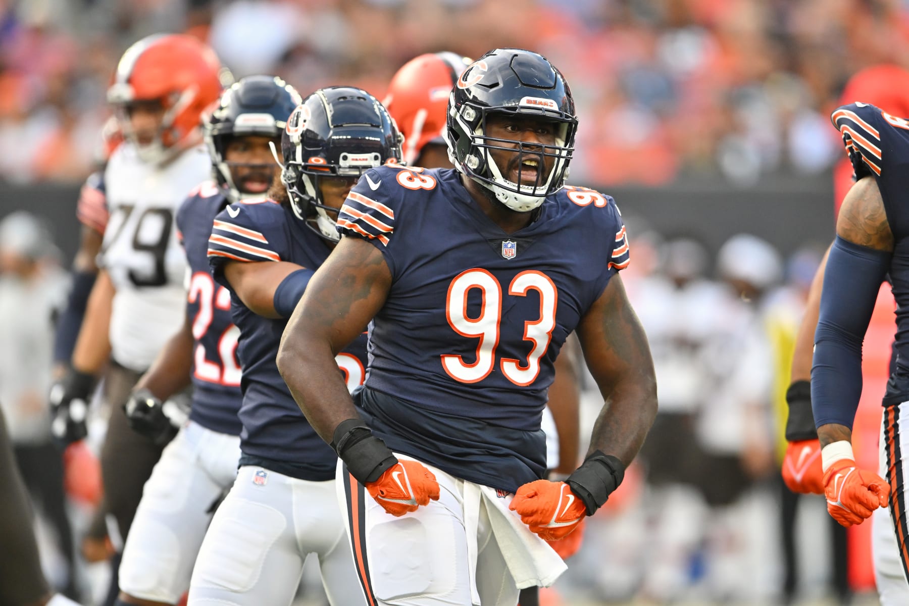 CLEVELAND, OHIO - AUGUST 27: Defensive tackle Justin Jones #93 of the Chicago Bears celebrates after making a tackle during the first quarter of a preseason game against the Cleveland Browns at FirstEnergy Stadium on August 27, 2022 in Cleveland, Ohio. (Photo by Jason Miller/Getty Images)