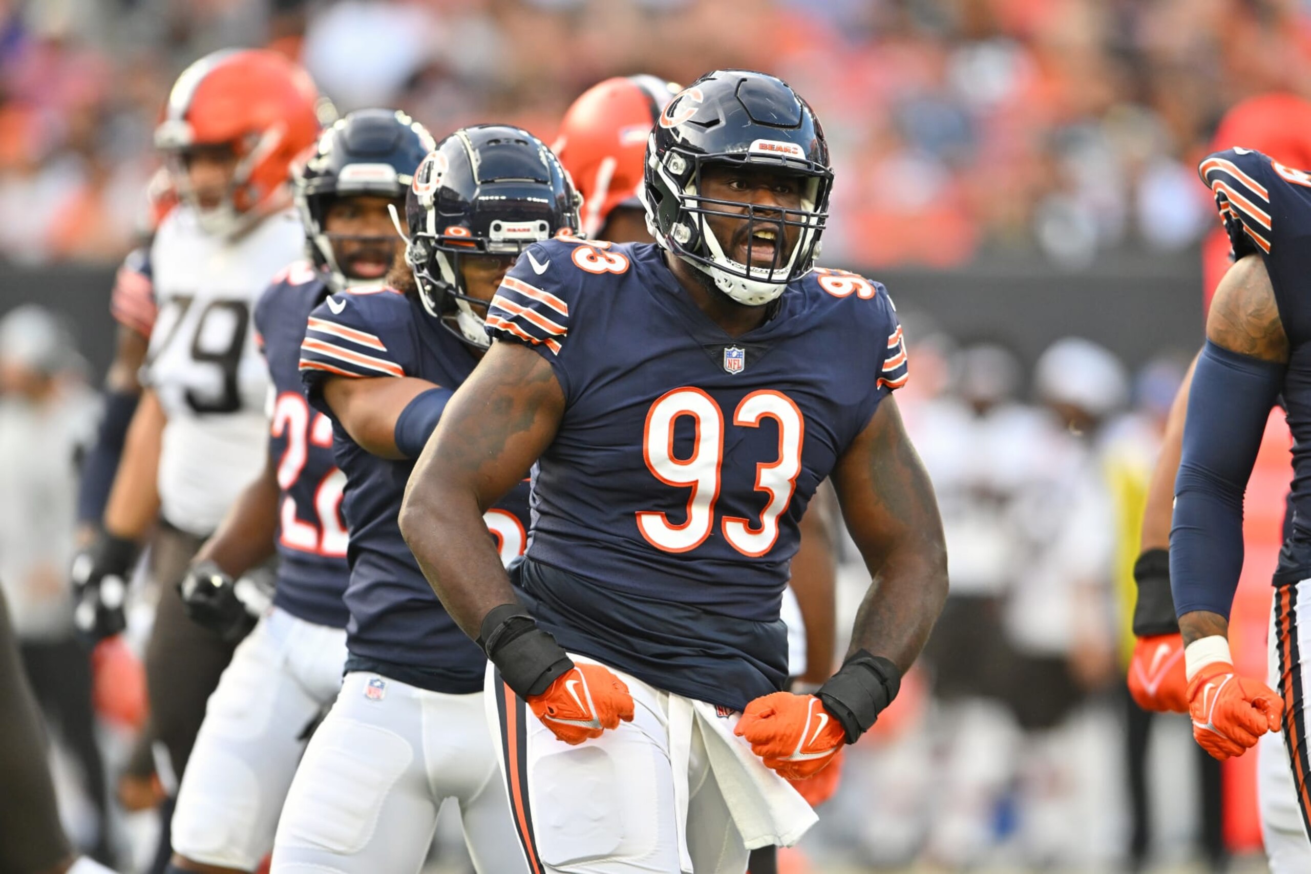 CLEVELAND, OHIO - AUGUST 27: Defensive tackle Justin Jones #93 of the Chicago Bears celebrates after making a tackle during the first quarter of a preseason game against the Cleveland Browns at FirstEnergy Stadium on August 27, 2022 in Cleveland, Ohio. (Photo by Jason Miller/Getty Images)